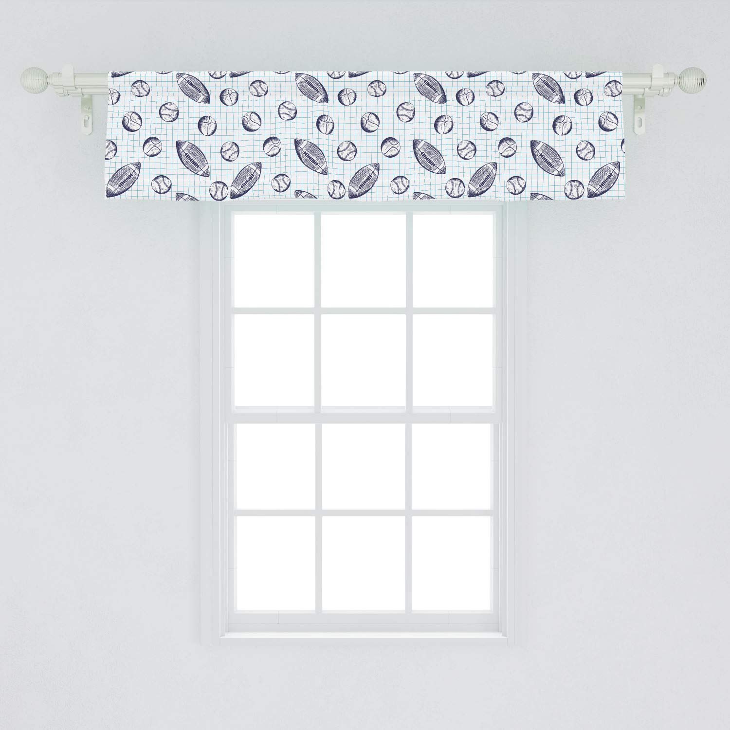 Ambesonne Baseball Window Valance - Pigskin & Baseballs Checkered Design Kitchen & Bedroom Curtain Valance with Rod Pocket, 54x12 Inches, Indigo Blue - Perfect for Sports Themed Rooms, Game Day Decor & Baseball Fan Gifts