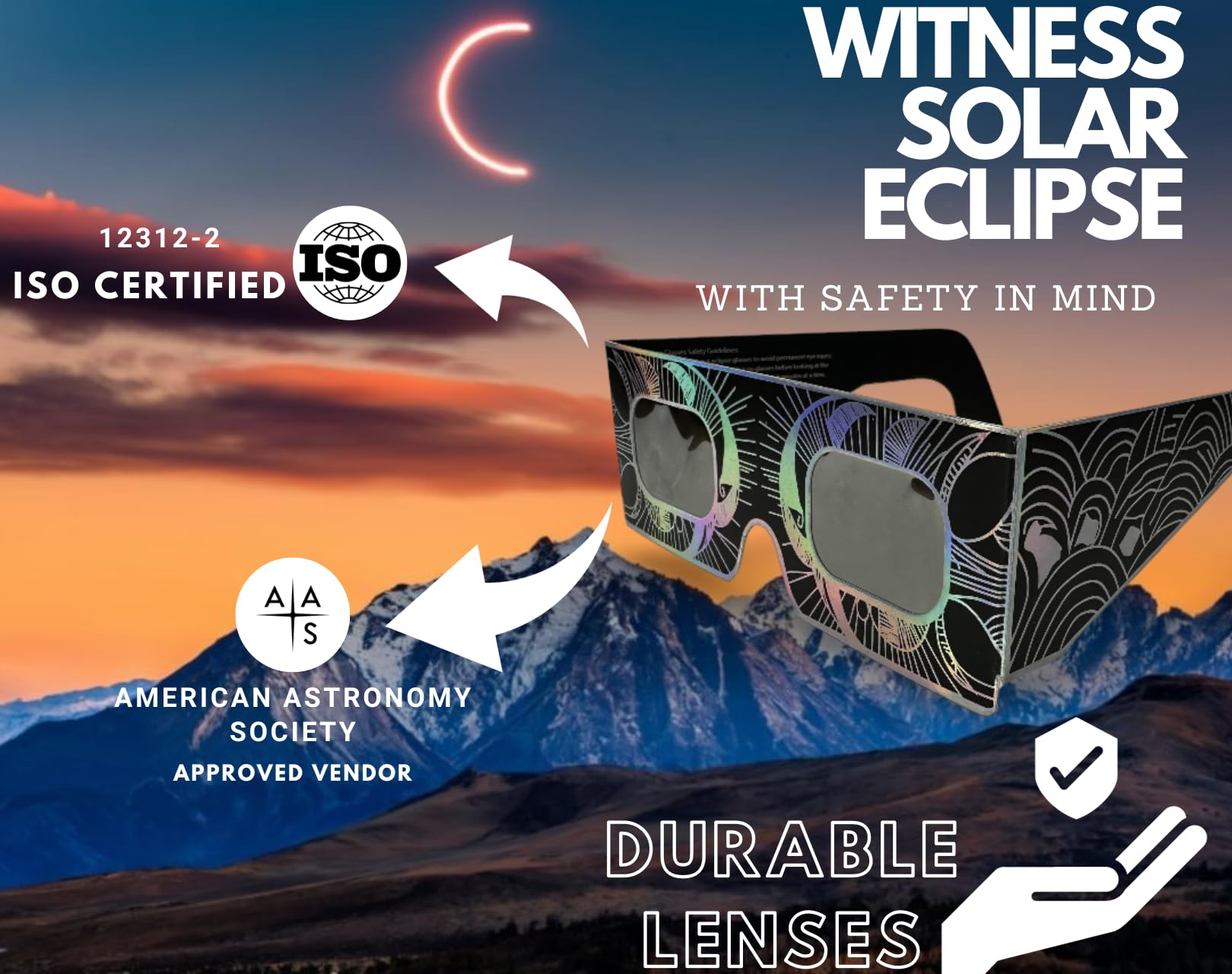 Gravitis ISO 12312-2 Certified Solar Eclipse Glasses - AAS Approved - Made in USA - Safe for 2024 Total Solar Eclipse - Perfect for Astronomy Events & Outdoor Viewing