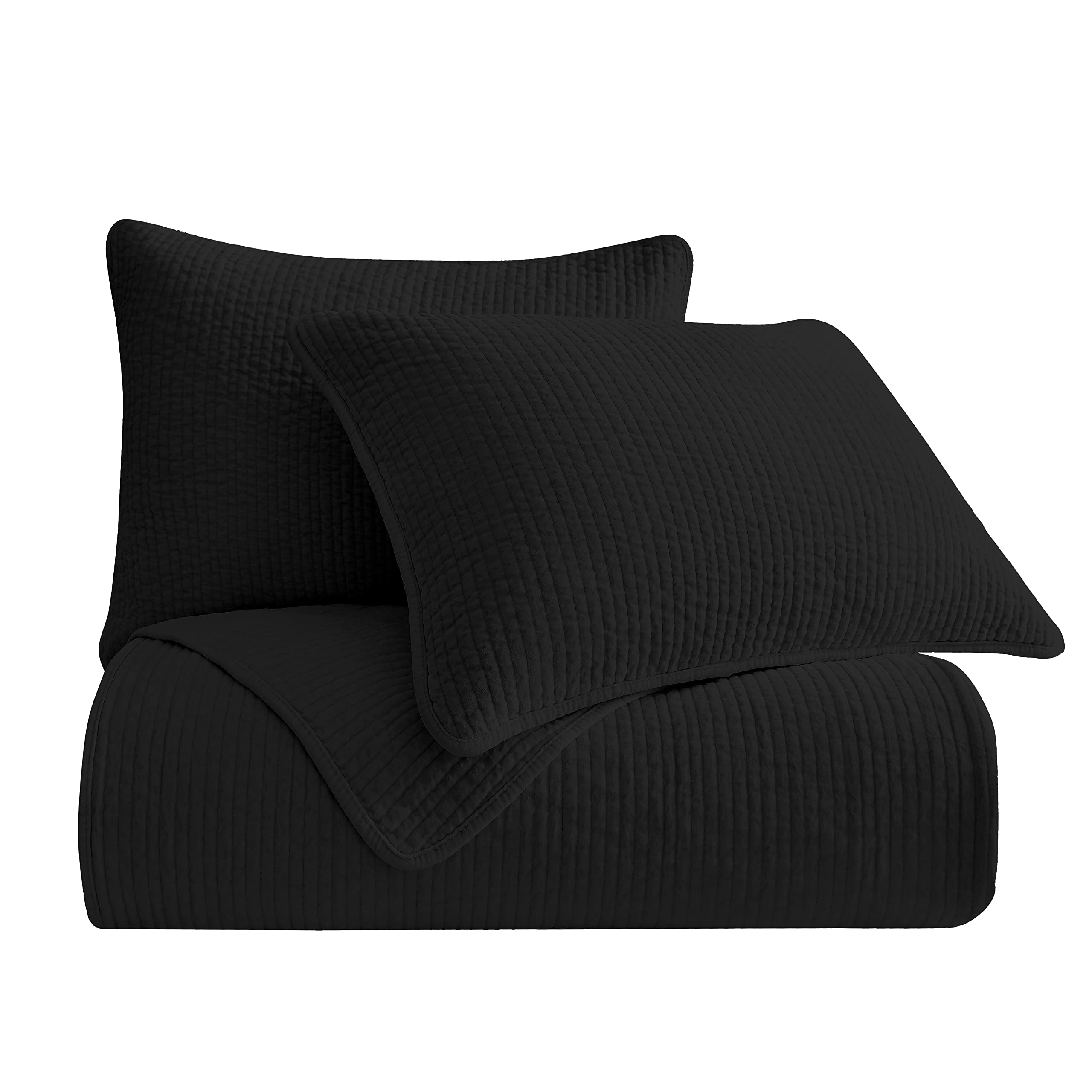 Premium Stonewashed Cotton Velvet 3-Piece Queen Quilt Set with Pillow Shams - Soft Lightweight Bedding in Classic Black - Perfect for Master Bedrooms, Guest Rooms & Cozy Home Decor