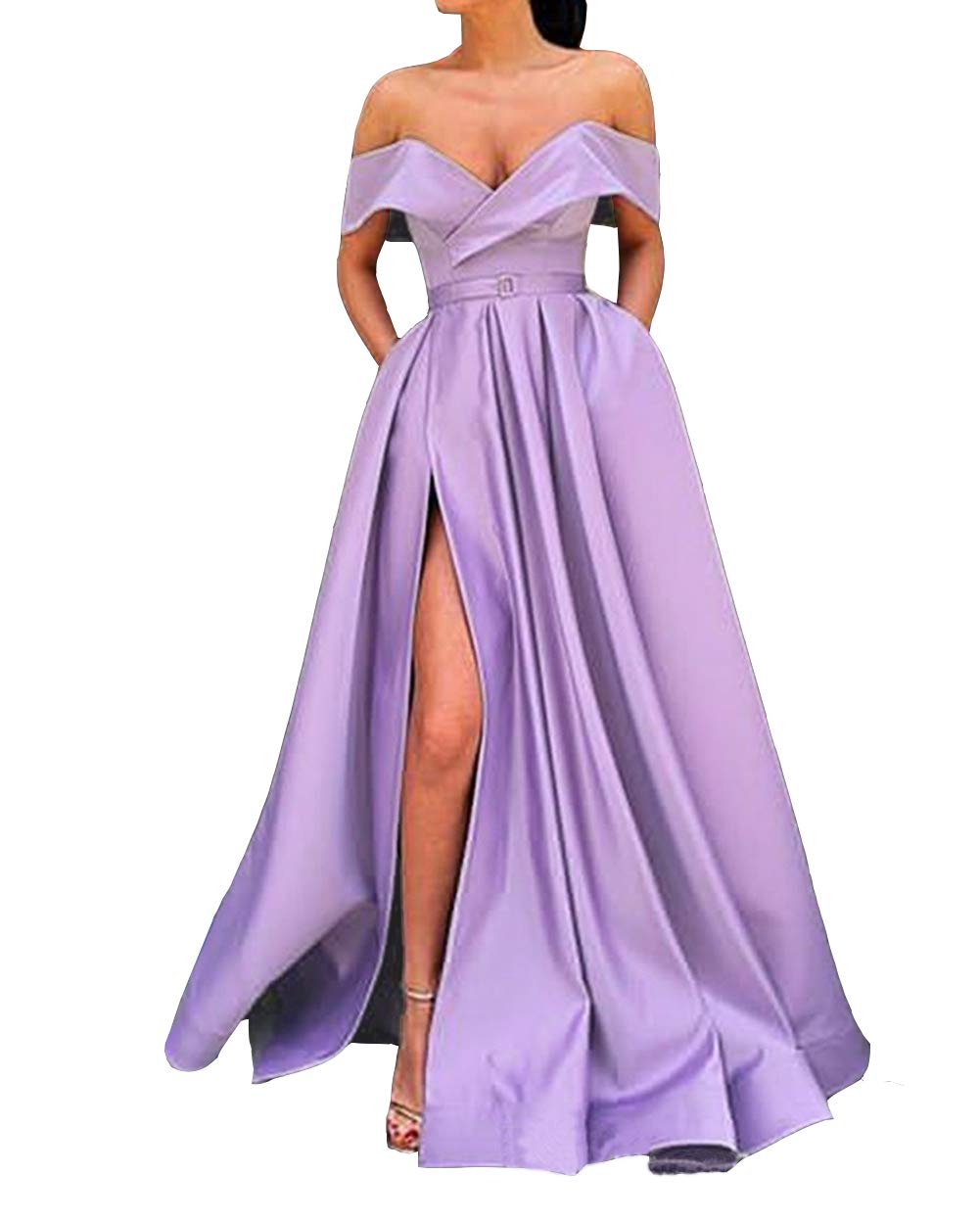 Emanni Women's Off-Shoulder Long Satin Prom Dress with Side Slit - A-Line Evening Gown for Formal Parties & Special Occasions (Lilac) | Perfect for Homecoming, Weddings & Cocktail Events