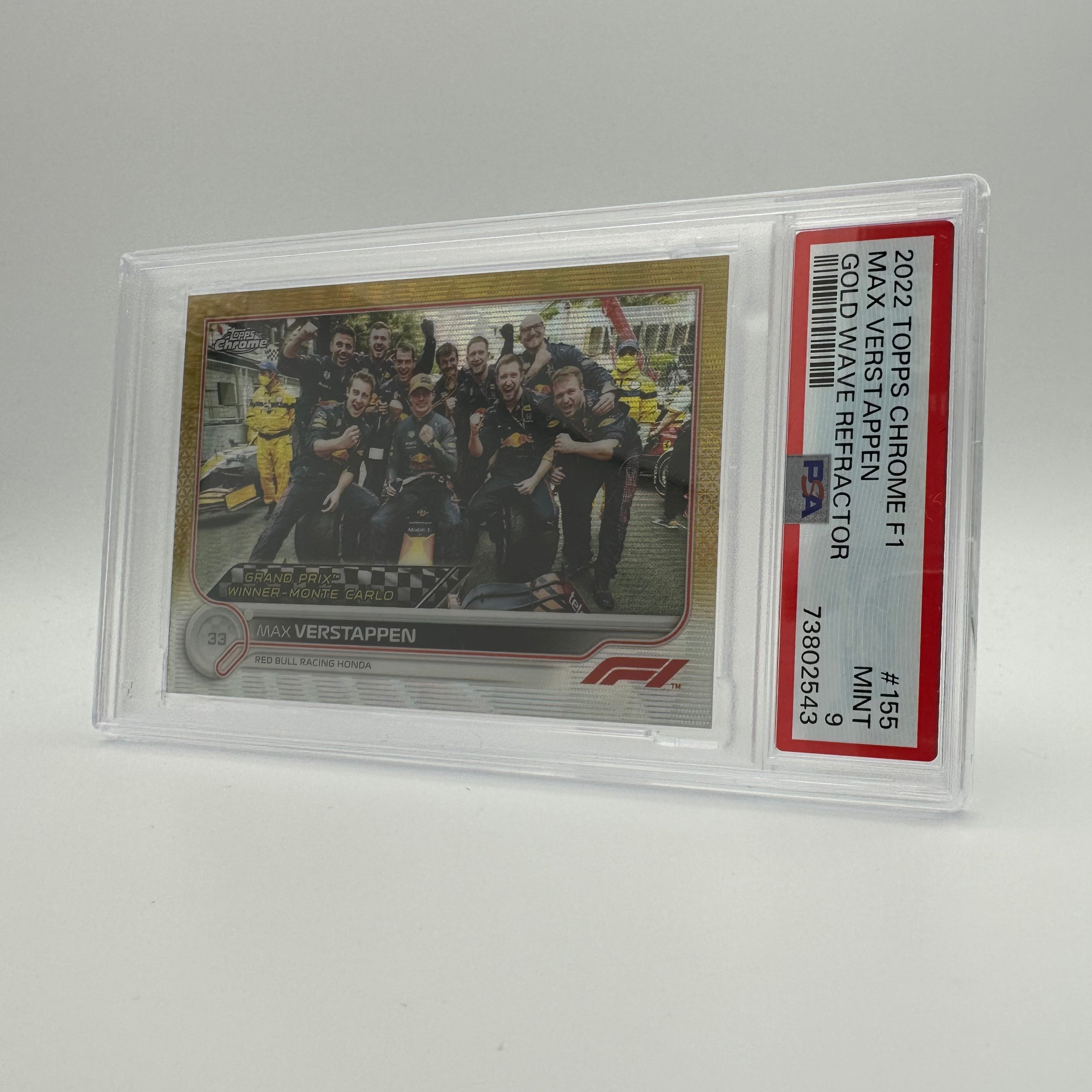 PSA 9 Graded 12/50 Max Verstappen #155 Gold Wave Refractor F1 Racing Card - Perfect for Collectors, Fans, and Display in Sports Memorabilia Collections