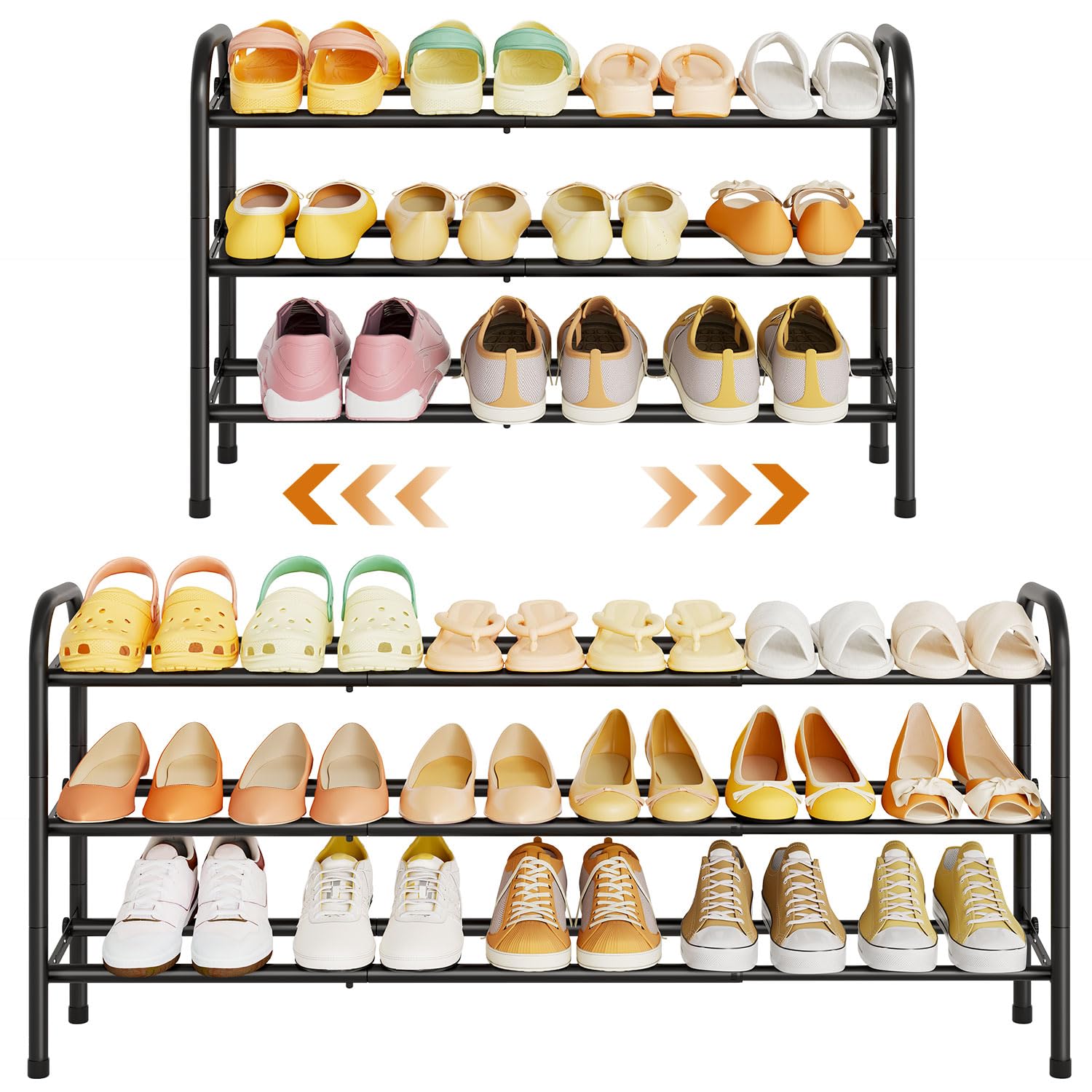 3-Tier Expandable Shoe Rack with Adjustable Width - Sturdy Metal Shoe Shelf Organizer Holds 18 Pairs of Shoes - Space Saving Shoe Storage for Bedroom, Entryway, Closet & Dorm Room - Black