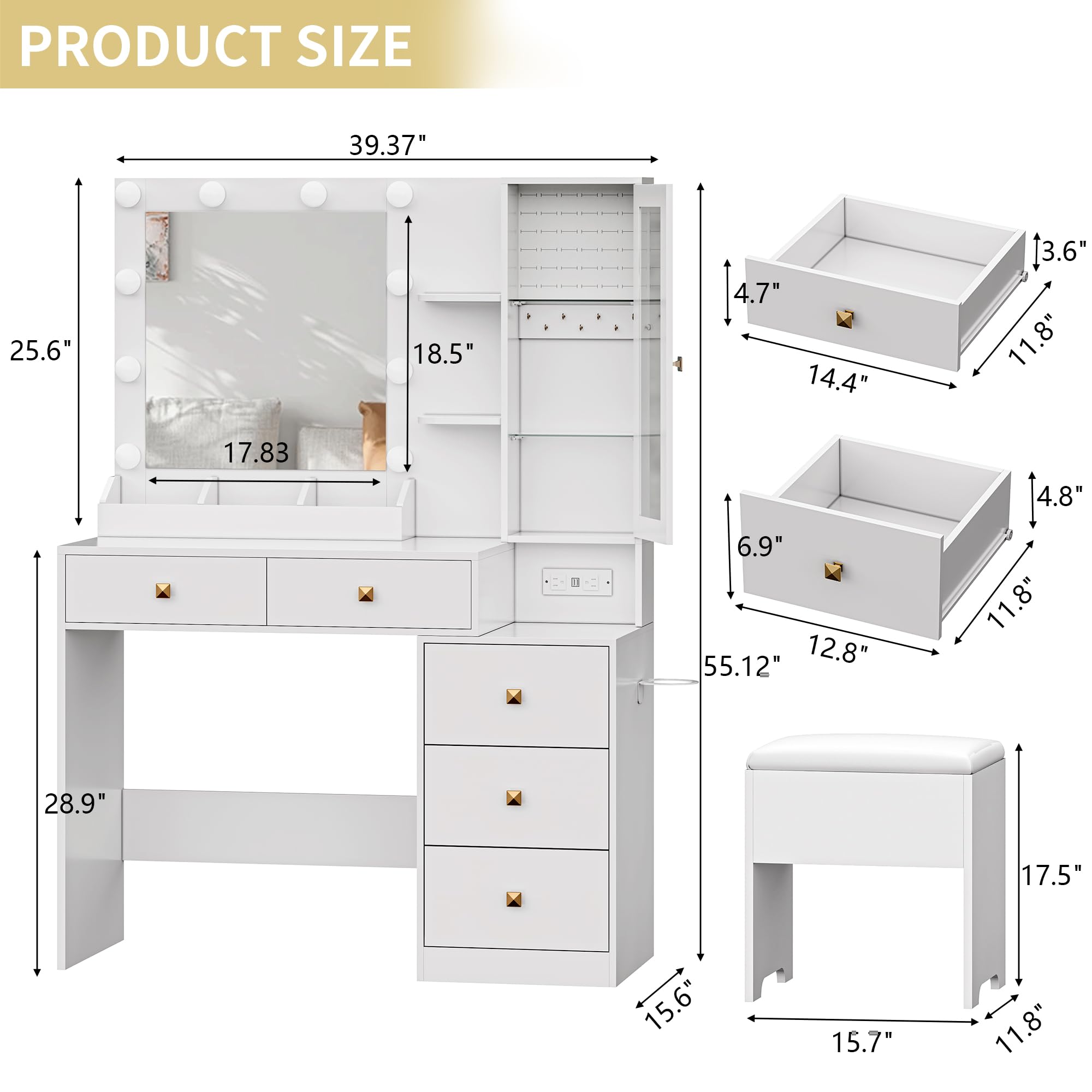 Vanity Desk with Mirror and LED Lights - Makeup Vanity Table Set with 5 Storage Drawers, Power Outlet & Stool - Small Dressing Table with Adjustable RGB Ambient Lighting - Perfect for Girls Bedroom, Home Salon or Bridal Makeup Station - White