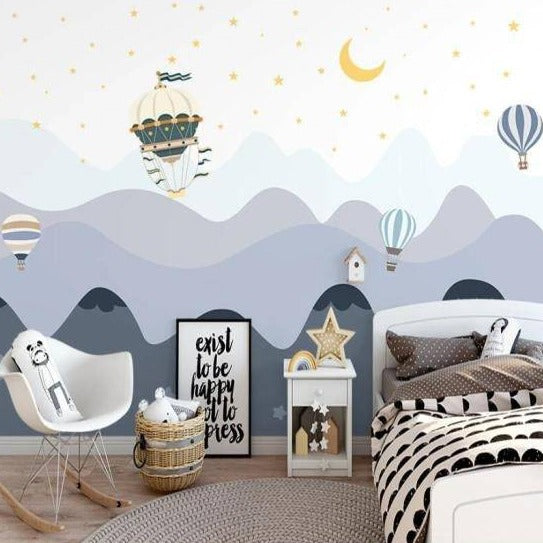Air Balloons over Mountains Wallpaper for Kids Room - Playful & Colorful Nursery Decor for Boys & Girls Bedroom