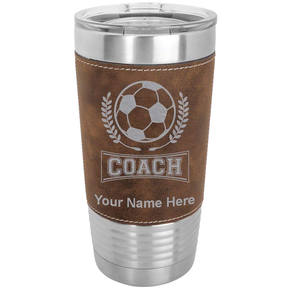 LaserGram 20oz Vacuum Insulated Stainless Steel Tumbler with Personalized Engraving - Soccer Coach Gift, Faux Leather Wrap & Rustic Design - Perfect for Coffee, Tea or Cold Drinks at Games, Practice or Office