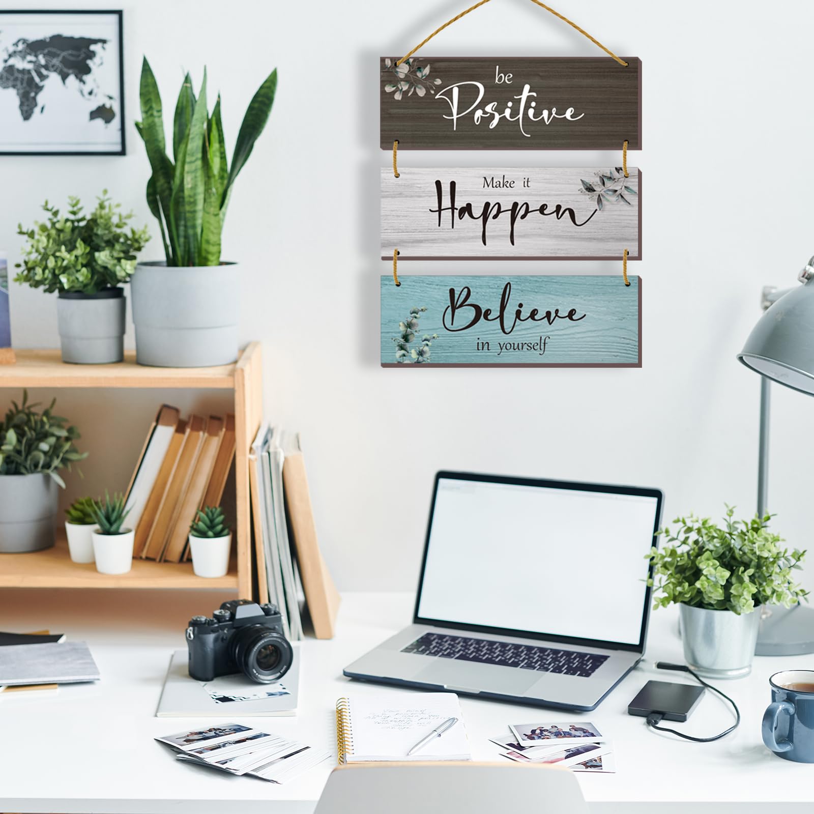3 Pcs Rustic Wooden Motivational Wall Plaques with Inspirational Sayings - Farmhouse Office Decor for Home, Bathroom, Bedroom & Kitchen (12x4 Inch) - Perfect for Home Office Decor & Wall Art Gifts