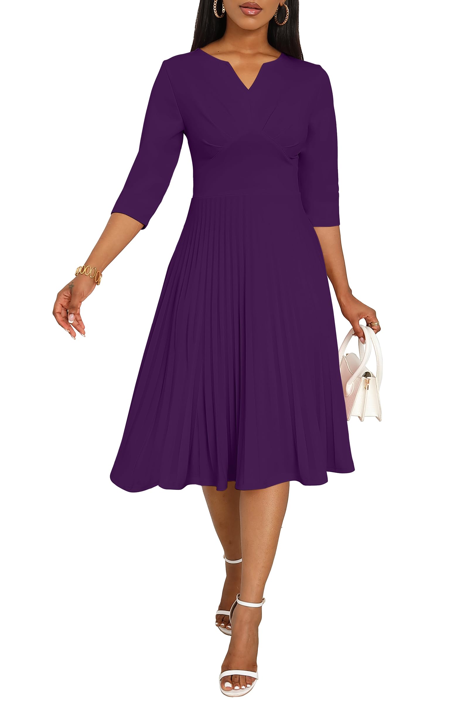 CLOCOR Women's Midi Dress - Casual Wrap Flare Pleated A-Line Dress with 3/4 Sleeves & V-Neck | Perfect for Church, Cocktail Parties, Weddings & Guest Occasions | Elegant Everyday Wear & Special Events