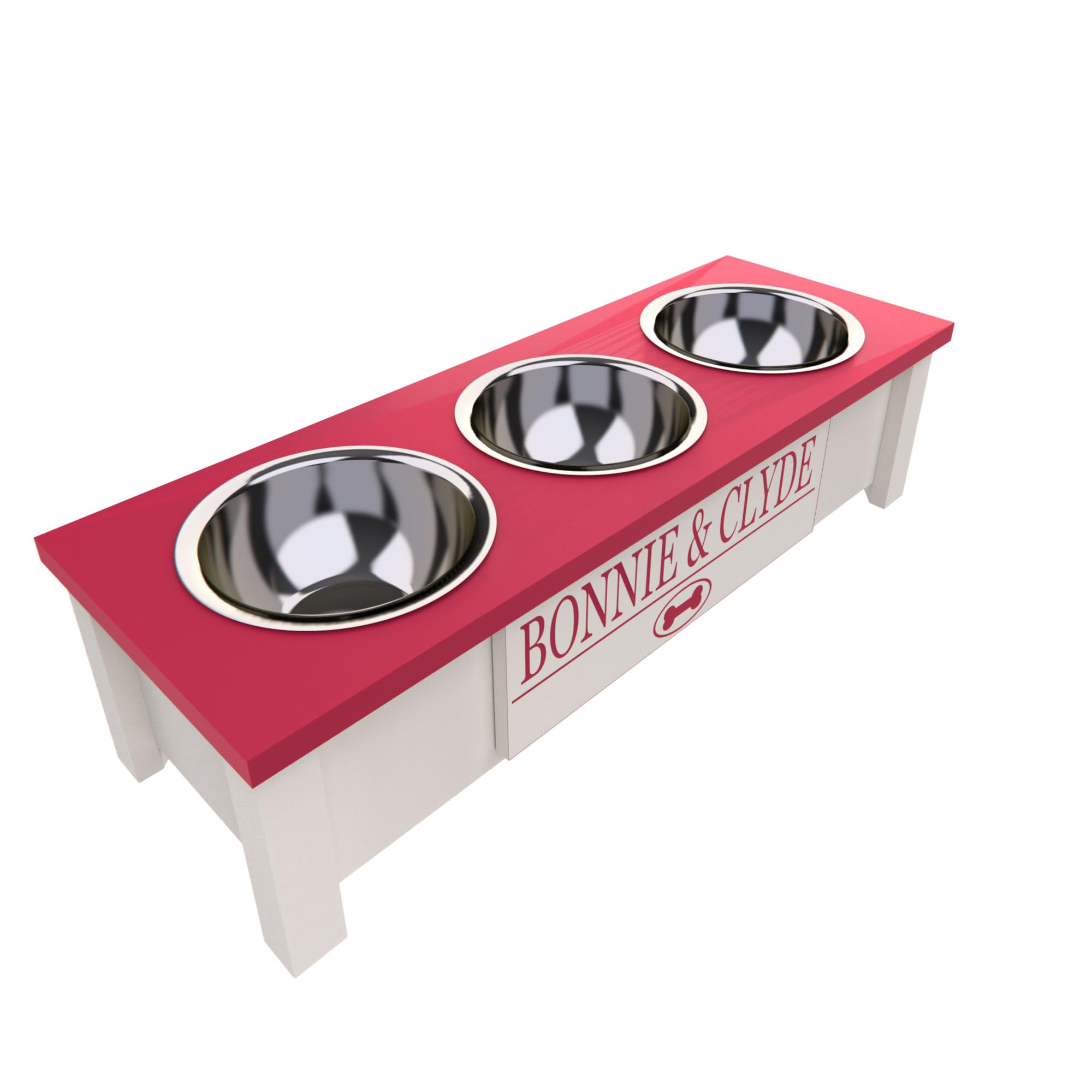 Personalized Elevated Triple Dog Bowl Stand for Large, Medium, Small & X-Small Dogs - 3 Stainless Steel Food & Water Bowls - Raised Dog Dish with Storage Compartment (Small, Pink) - Perfect for Feeding & Organizing Pet Supplies in Home, Kitchen or Outdoor Use