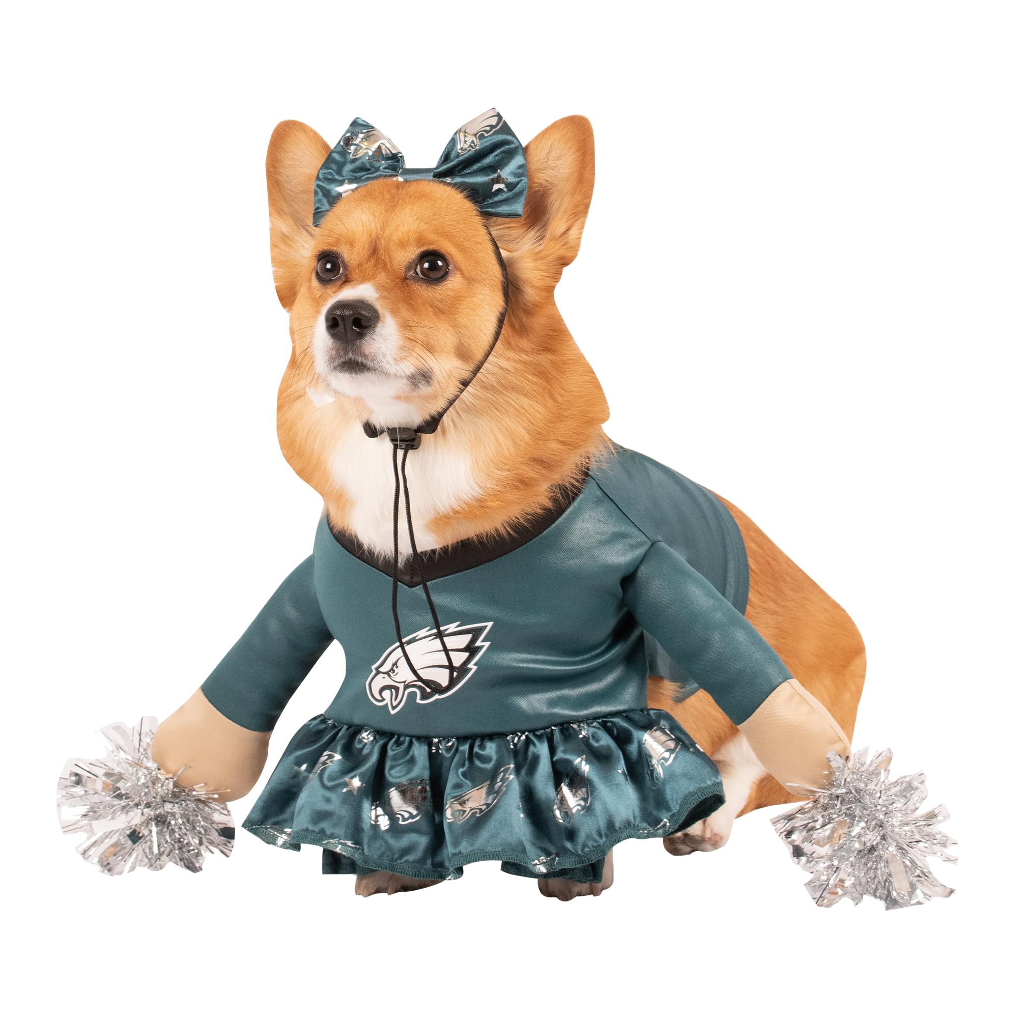 Philadelphia Eagles NFL Officially Licensed Cheer Dog Costume - Dress with Faux Stuffed Arms, Tinsel Pom-Poms & Satin Bow Headband, Size L - Perfect for Game Day, Pet Parades & Photo Shoots