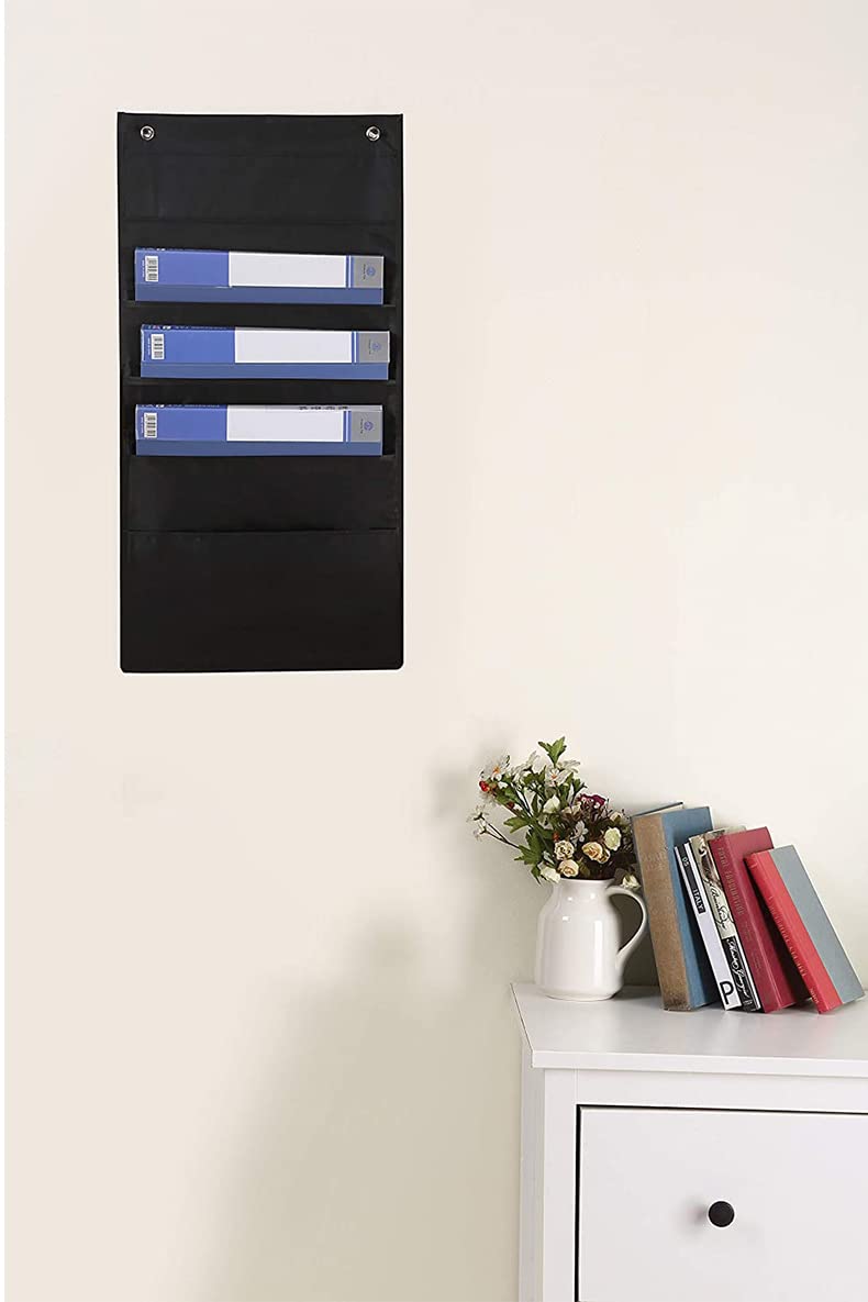 HeyToo Over The Door Organizer with 5 Large Oxford Fabric Pockets - Hanging Storage for Office, Books, Magazines & Accessories - Space Saving Solution for Closet, Wall & Narrow Spaces - Black