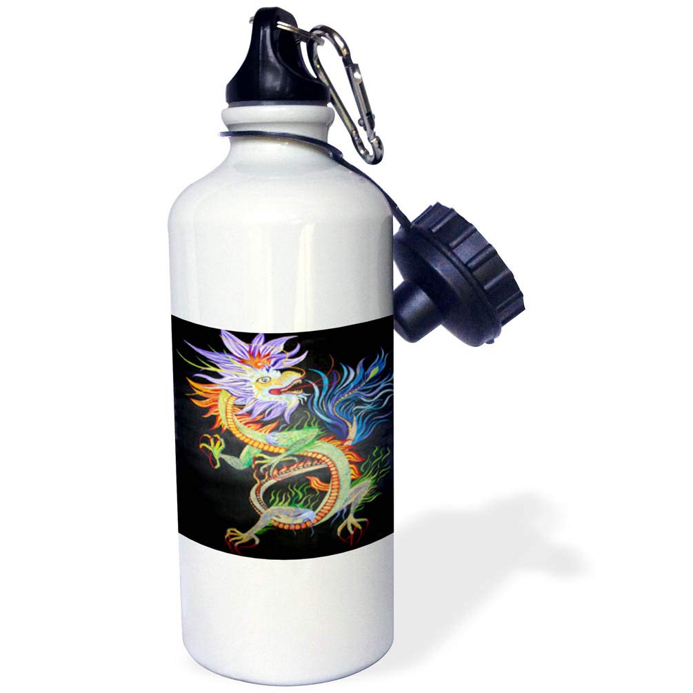 3DRose Chinese Dragon Mythology Sports Water Bottle - 21oz Insulated Water Bottle for Gym, Hiking & Outdoor Activities - BPA Free White Water Bottle with Unique Dragon Design
