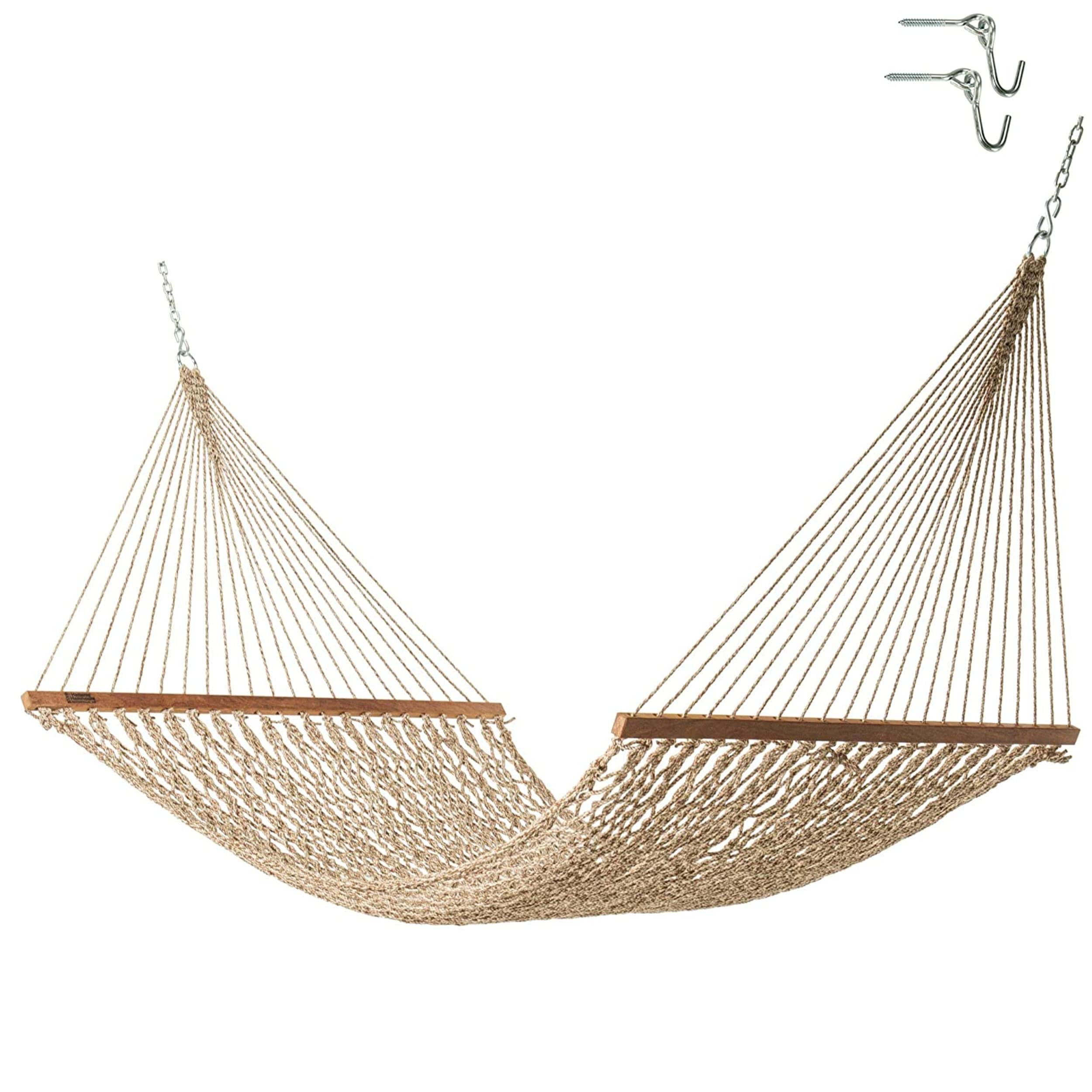 Premium Handwoven Hatteras Hammock - 13ft x 55in Large Antique Brown Oatmeal Rope Hammock with Free Extension Chains & Tree Hooks | 450 LB Weight Capacity | Durable Duracord Material | Made in USA | Perfect for Backyard, Patio, Beach & Camping Relaxation