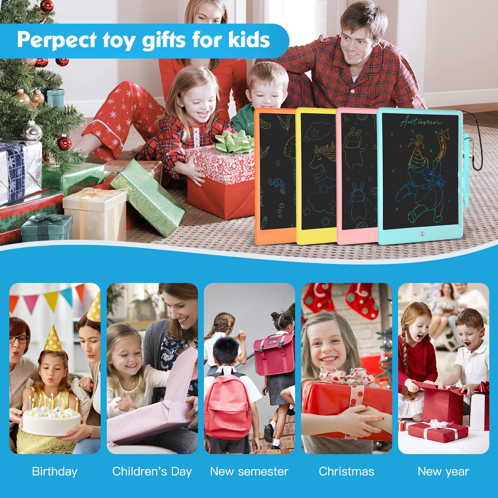 10 Inch LCD Writing Tablet for Kids - Reusable Drawing Pad with Stylus, Educational Learning Toy for Boys & Girls (Blue) - Perfect for School, Travel & Home Use