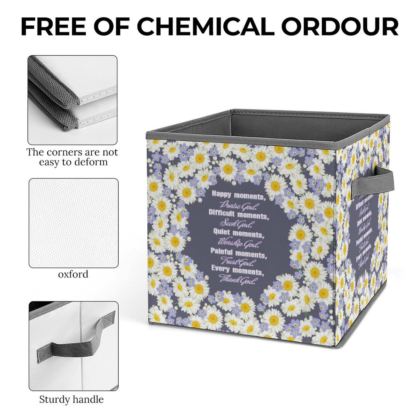 Religious Bible Verse Daisies Purple Foldable Storage Bins - 1 Pack Collapsible Storage Basket with Handles (10.6 Inch Cube) for Nursery, Closet, Clothes, Shelves & Books Organization | Perfect for Home, Office & Church Storage Solutions