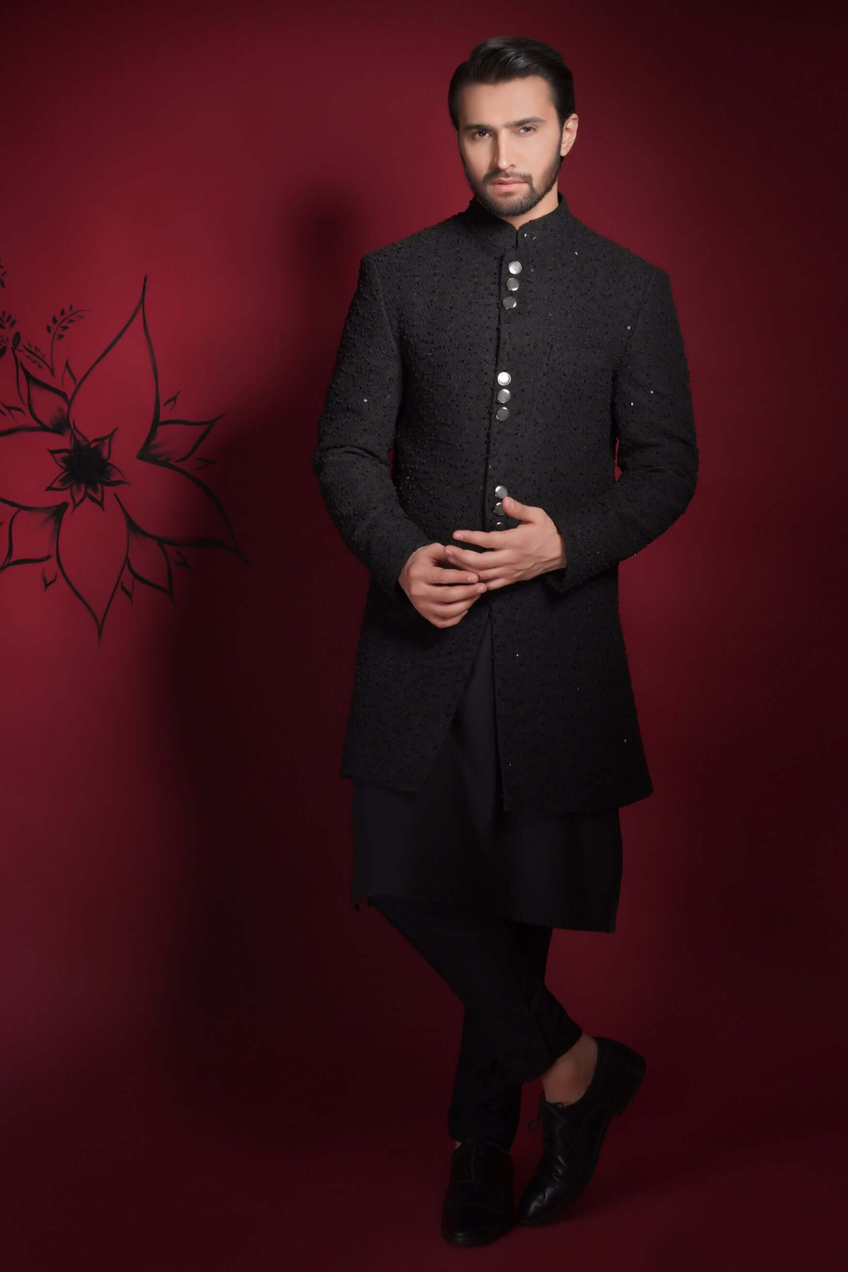 Jet Black Sequined Sherwani for Men - Premium Limited Edition Indian Wedding Attire | Elegant Groom & Party Wear for Festivals, Ceremonies & Special Occasions