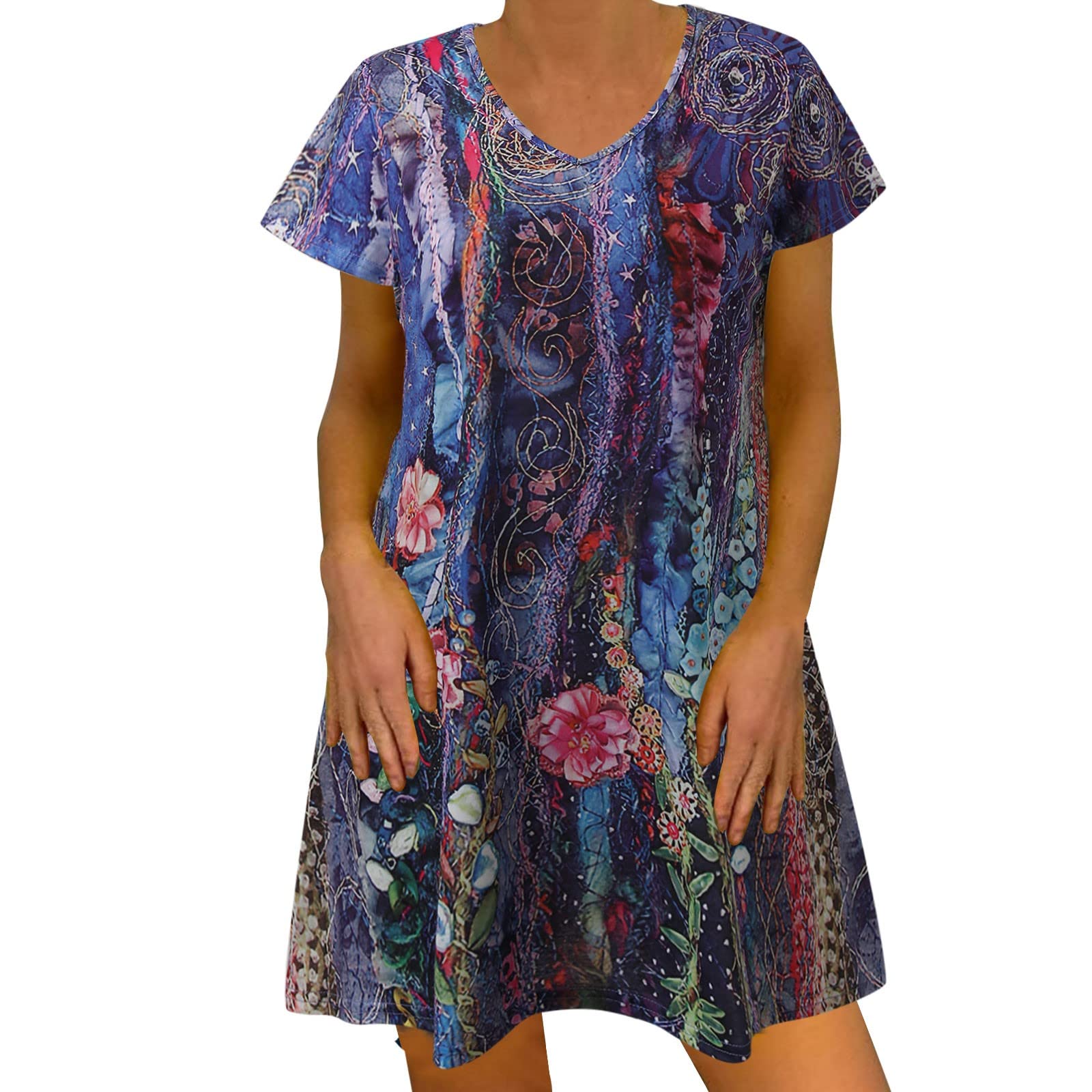 Women's Fashion Print V-Neck Short Sleeve Loose Maxi Dress - Casual Summer Beach Holiday Party Wear for Ladies