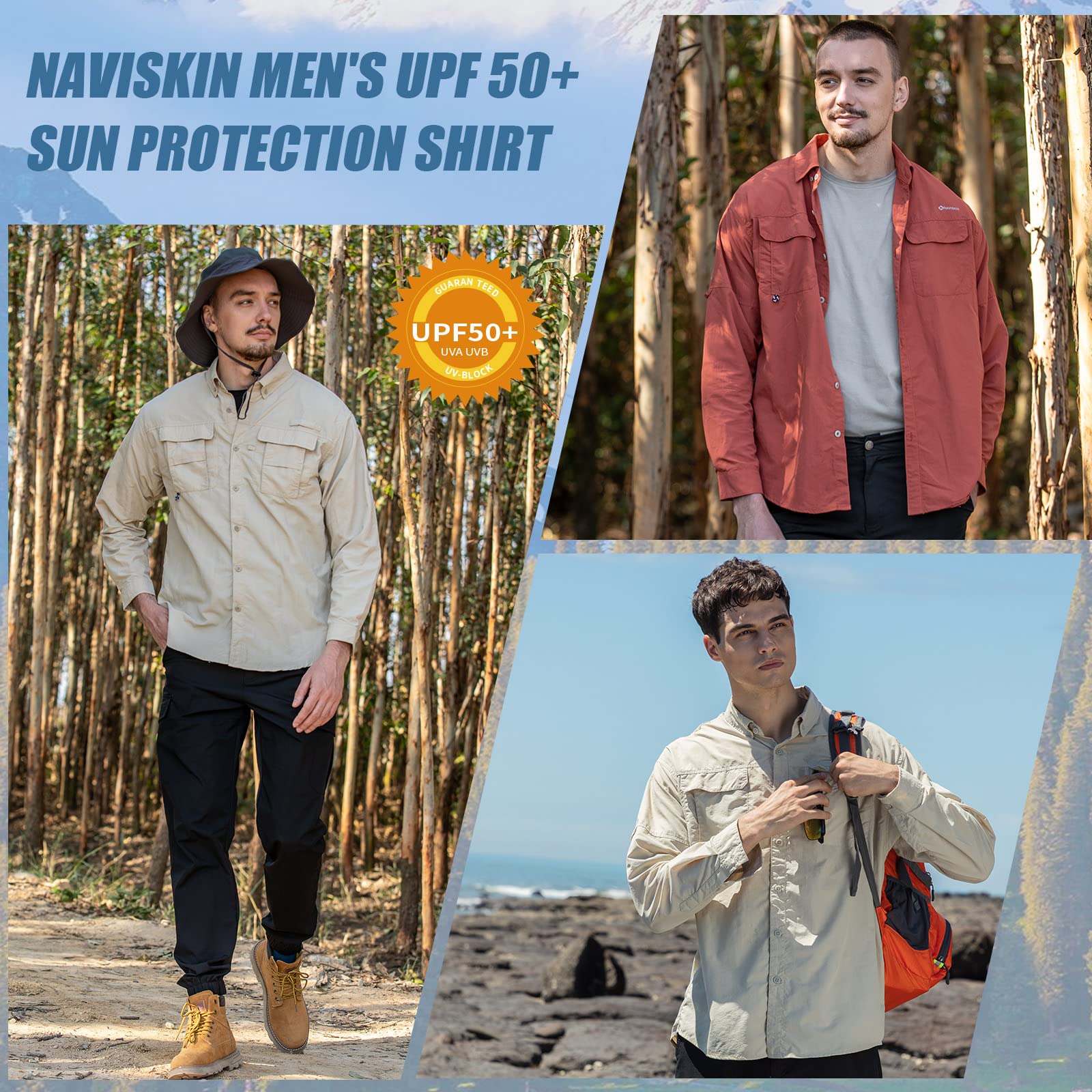 NAVISKIN UPF 50+ Men's Long Sleeve Sun Protection Shirt - Lightweight Fishing & Hiking Shirt for Outdoor Activities, Travel, Camping, and Beach Wear
