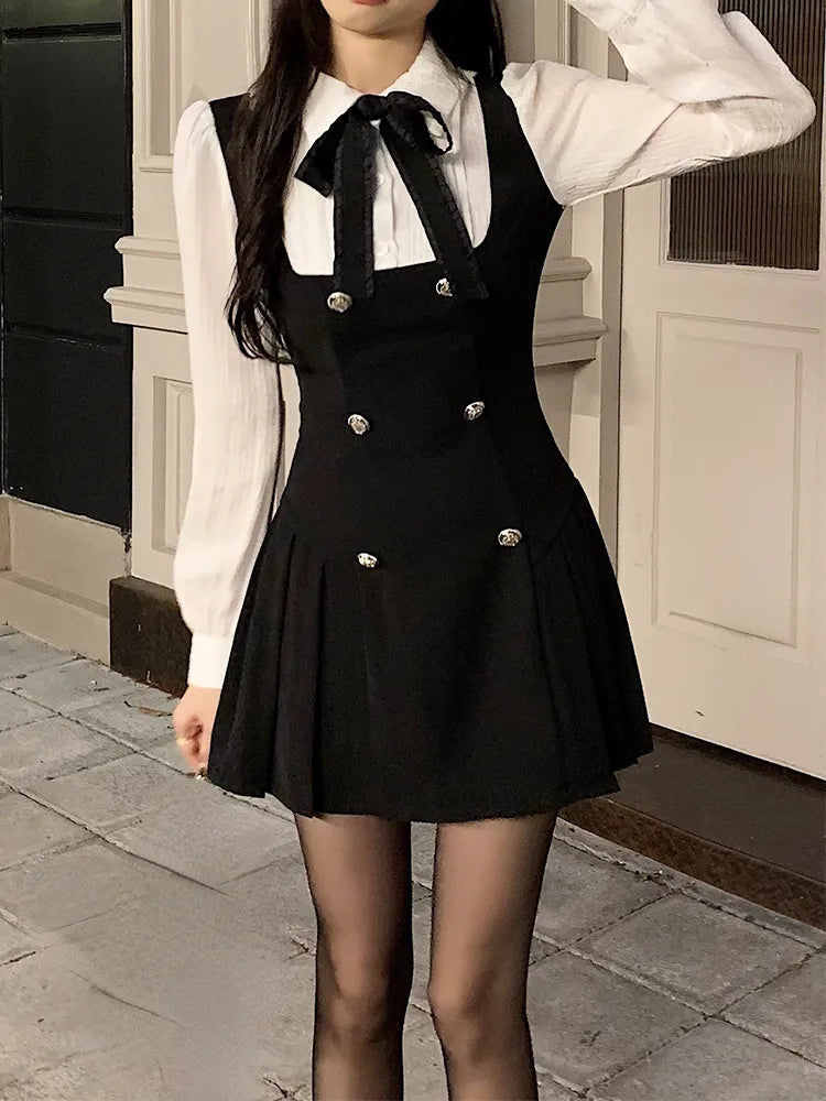 Women's Autumn Fake Two Piece Dress - Slim Fit Long Sleeve Bow Y2K Mini Dress | Korean Fashion Elegant Short Party Outfit for Casual Wear, Date Night & Club Events