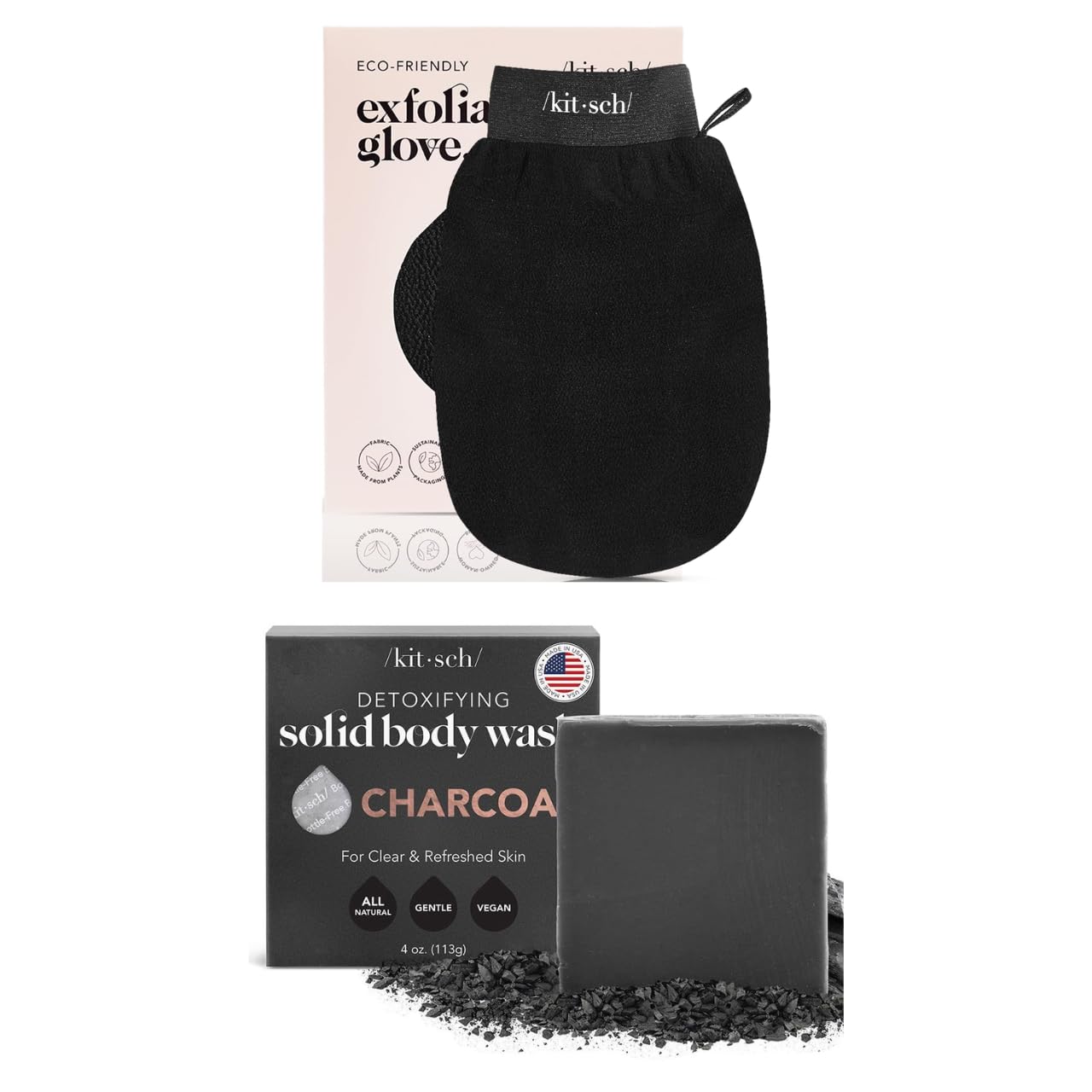Kitsch Deep Exfoliating Glove & Charcoal Soap Bar Set - Black, Exfoliating Body Scrub for Smooth Skin, Spa & Shower Essentials