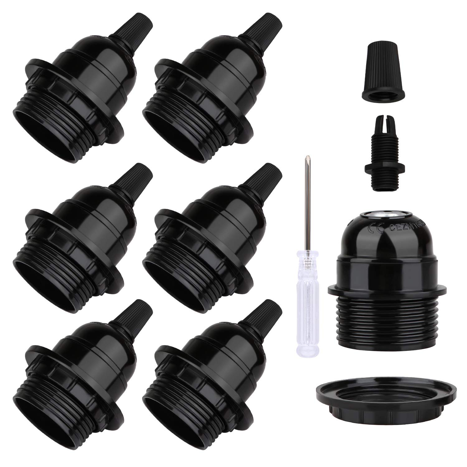 Vintage Black E27 Lamp Holder with Lampshade - 6 Pack Bakelite Edison Screw Socket (250V 4A) - Retro Ceiling Pendant Light Fixture for DIY Home Decor, Cafe, Restaurant & Vintage Lighting Projects