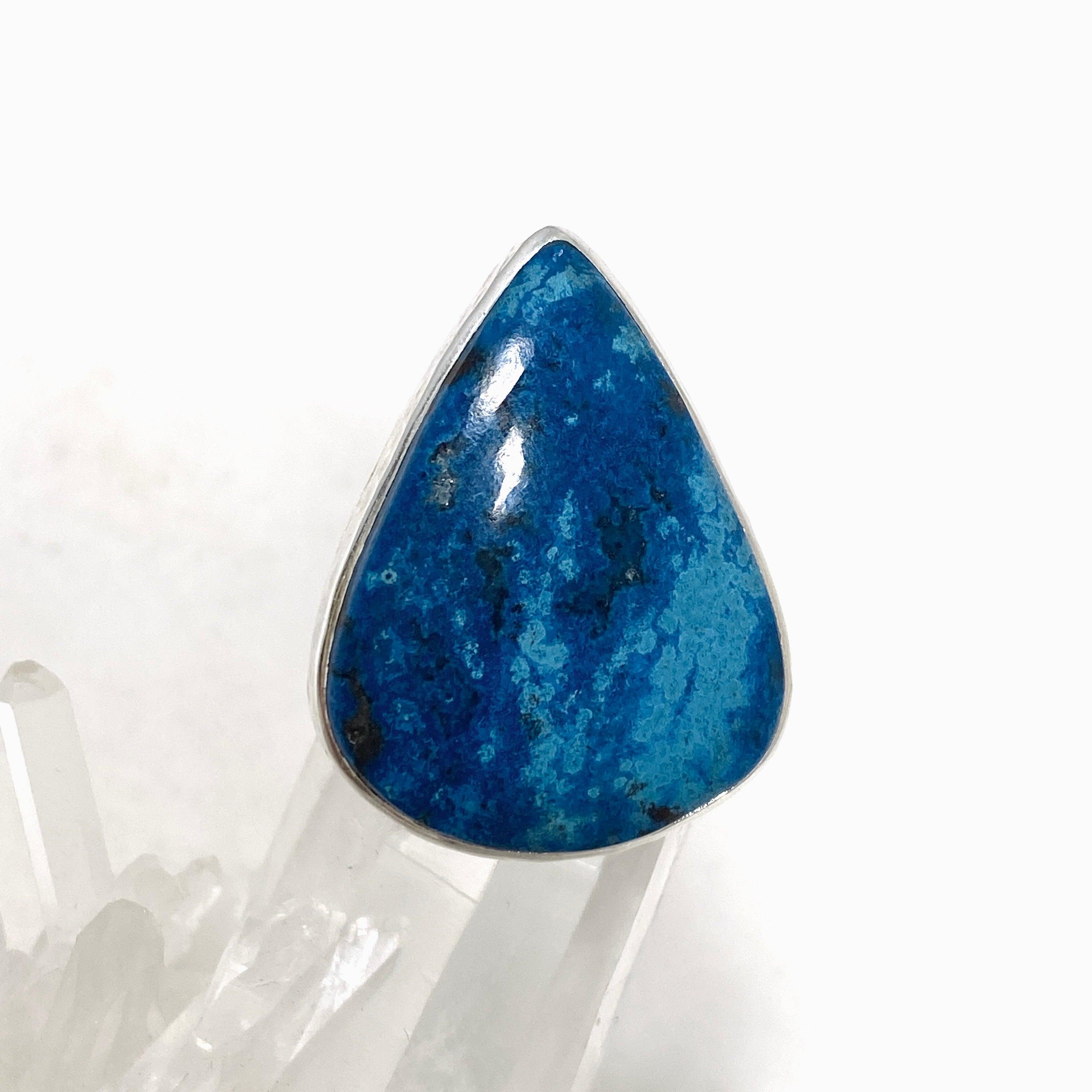 Azurite and Shattuckite Teardrop Ring with Hammered Band - Size 7 KRGJ3219 | Handmade Bohemian Jewelry for Women, Perfect for Boho Chic Outfits & Special Occasions