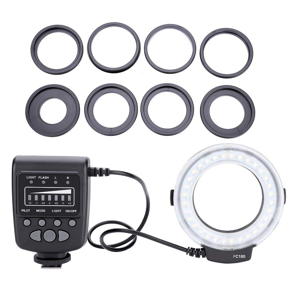 FC-100 Portable LED Macro Ring Flash 5500K Adjustable Brightness Speedlite with 8 Adapters - Camera Fill Light Kit for Canon & Nikon DSLR - Perfect for Macro Photography, Product Shooting & Video Lighting