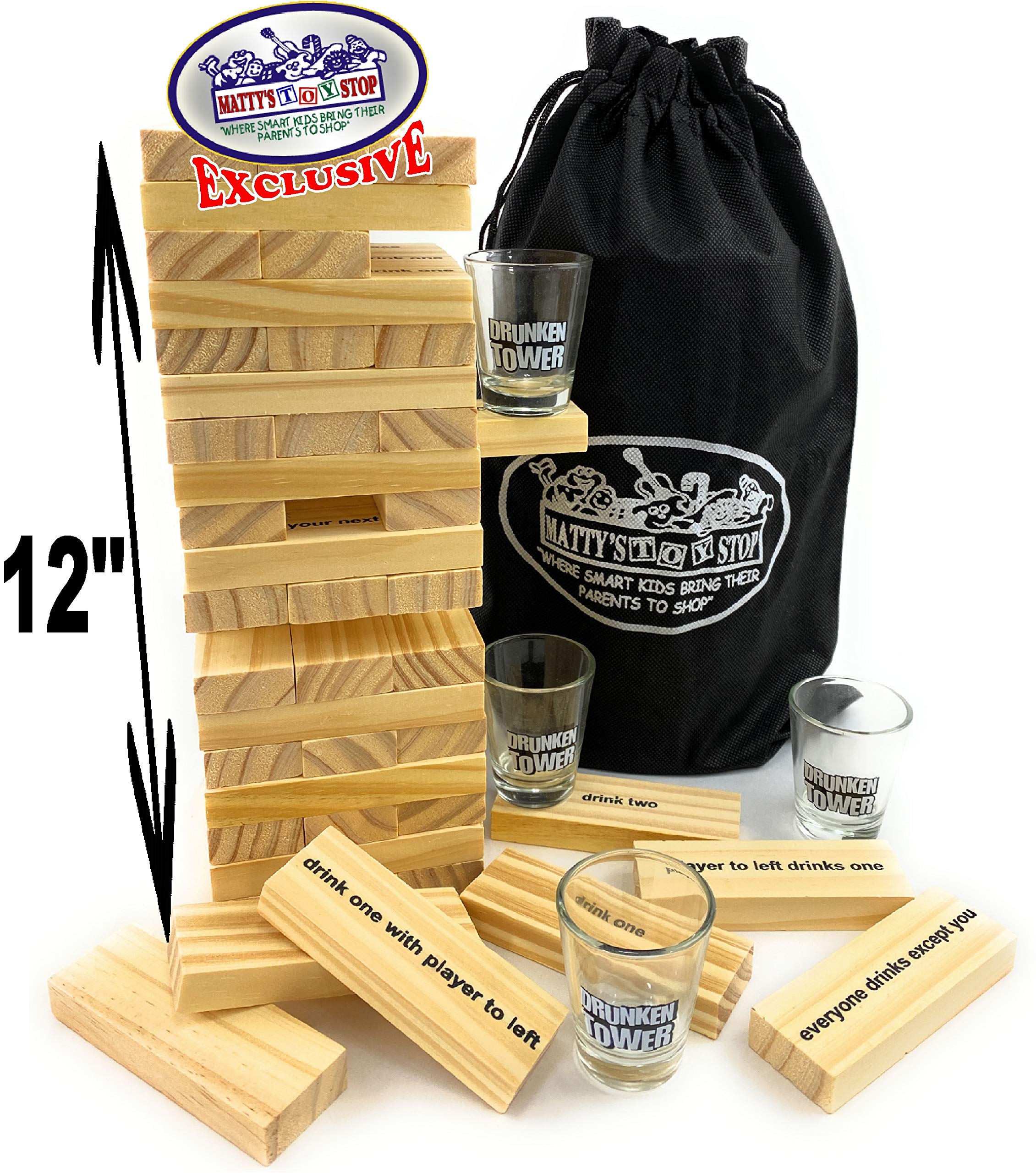 Matty's Toy Stop Deluxe 60-Piece XL Wooden Drunken Tower Game Set with Shot Glasses & Storage Bag - Fun Adult Drinking Party Game for Bars, Game Nights & Social Gatherings