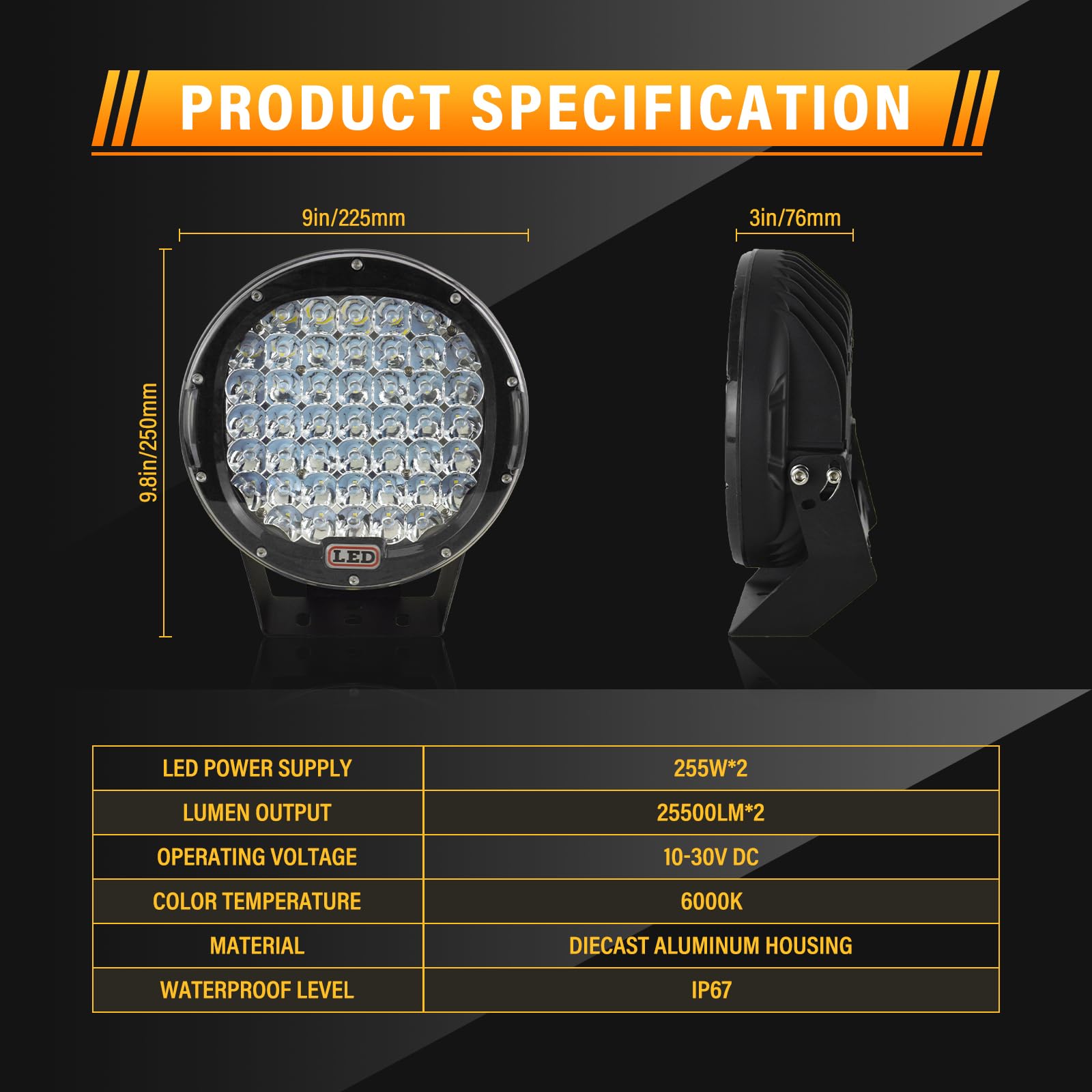 AUXTINGS 96W 9-Inch Round LED Work Light Bar - Black Spot Off-Road Fog Driving Lights for SUV, Jeep, Truck, Boat - Roof, Bumper, or Grill Mount - Perfect for Night Driving, Camping & Off-Road Adventures