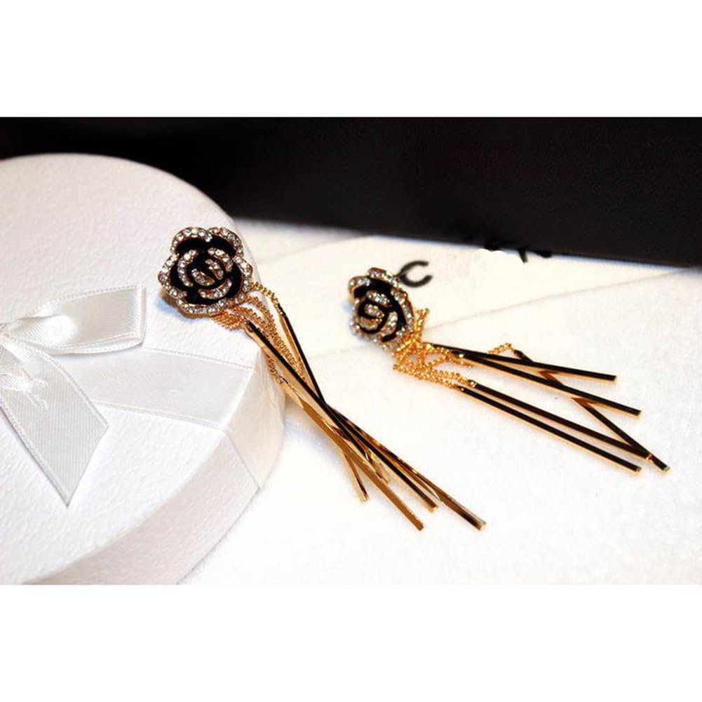 Rhinestone Pendant Black Rose Floral Tassel Earrings for Women - Elegant Bohemian Dangle Drop Earrings for Party, Wedding & Evening Outfits