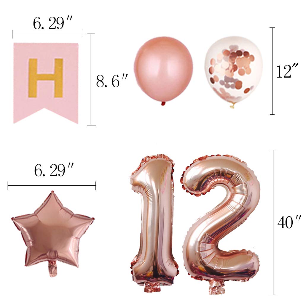 12th Birthday Party Decorations Kit - Happy Birthday Banner, Number 12 Balloons & Rose Gold Party Supplies for Girls & Boys | Perfect for 12th Birthday Celebrations, Decorations & Photo Backdrops