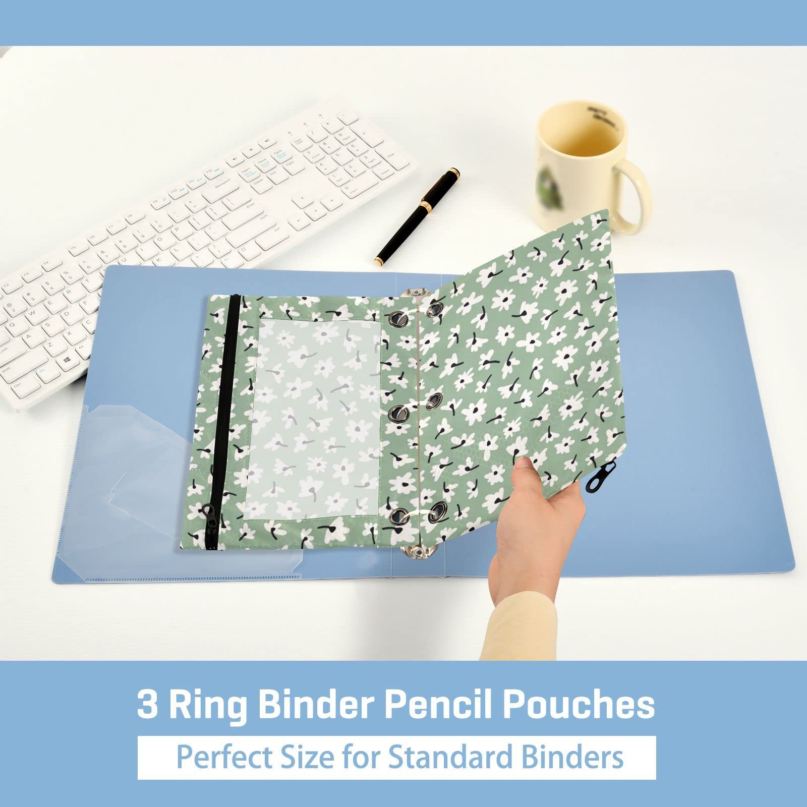 Daisy Sage Green 3-Ring Binder Pencil Pouch 2-Pack - Waterproof Plastic Zippered Pencil Case & Cosmetic Organizer for School, Office & Travel Supplies