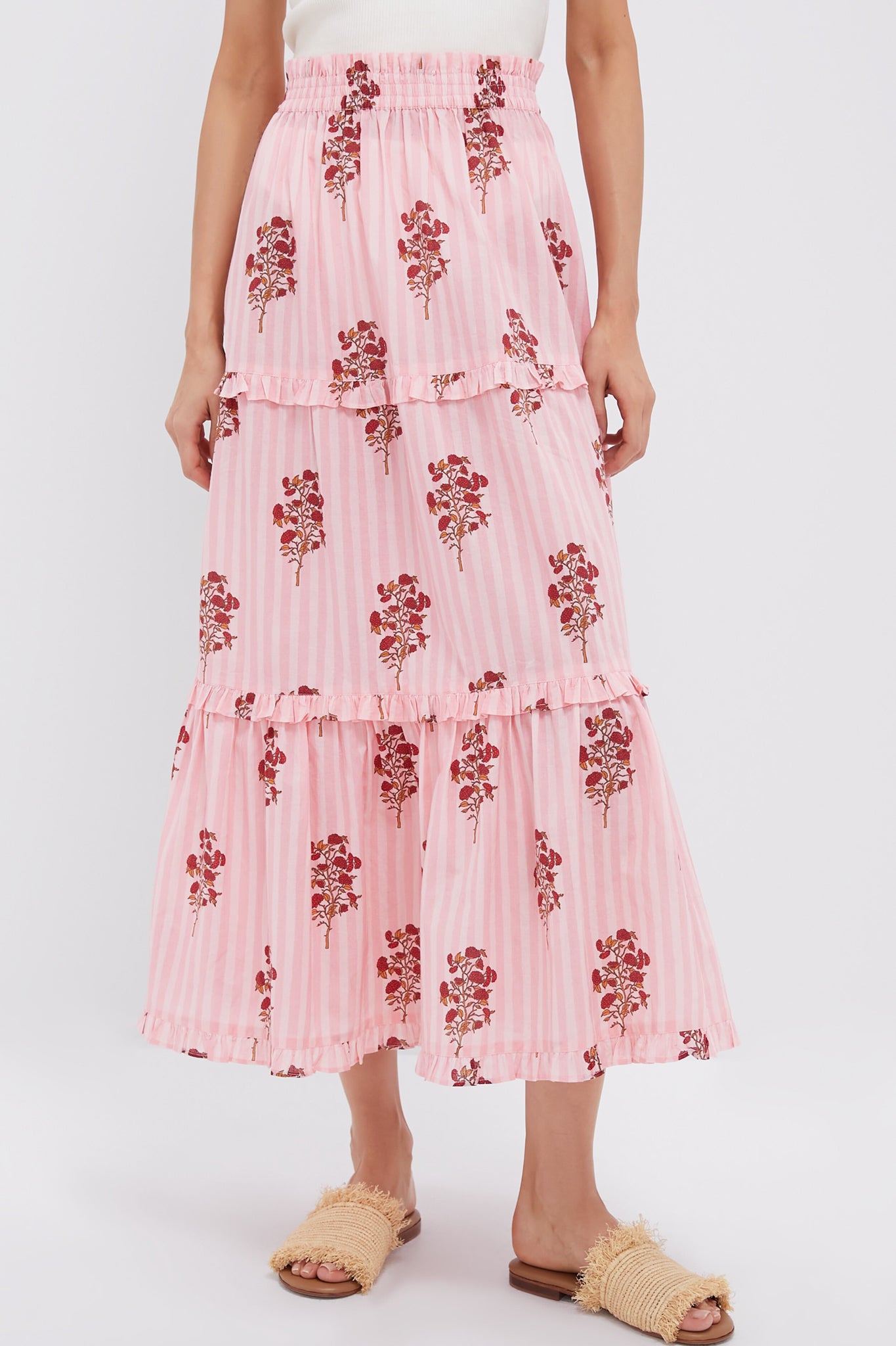 Blush Striped Bouquet Prado Skirt - Women's Floral Print Midi Skirt for Spring Summer | Perfect for Weddings, Dates & Office Wear