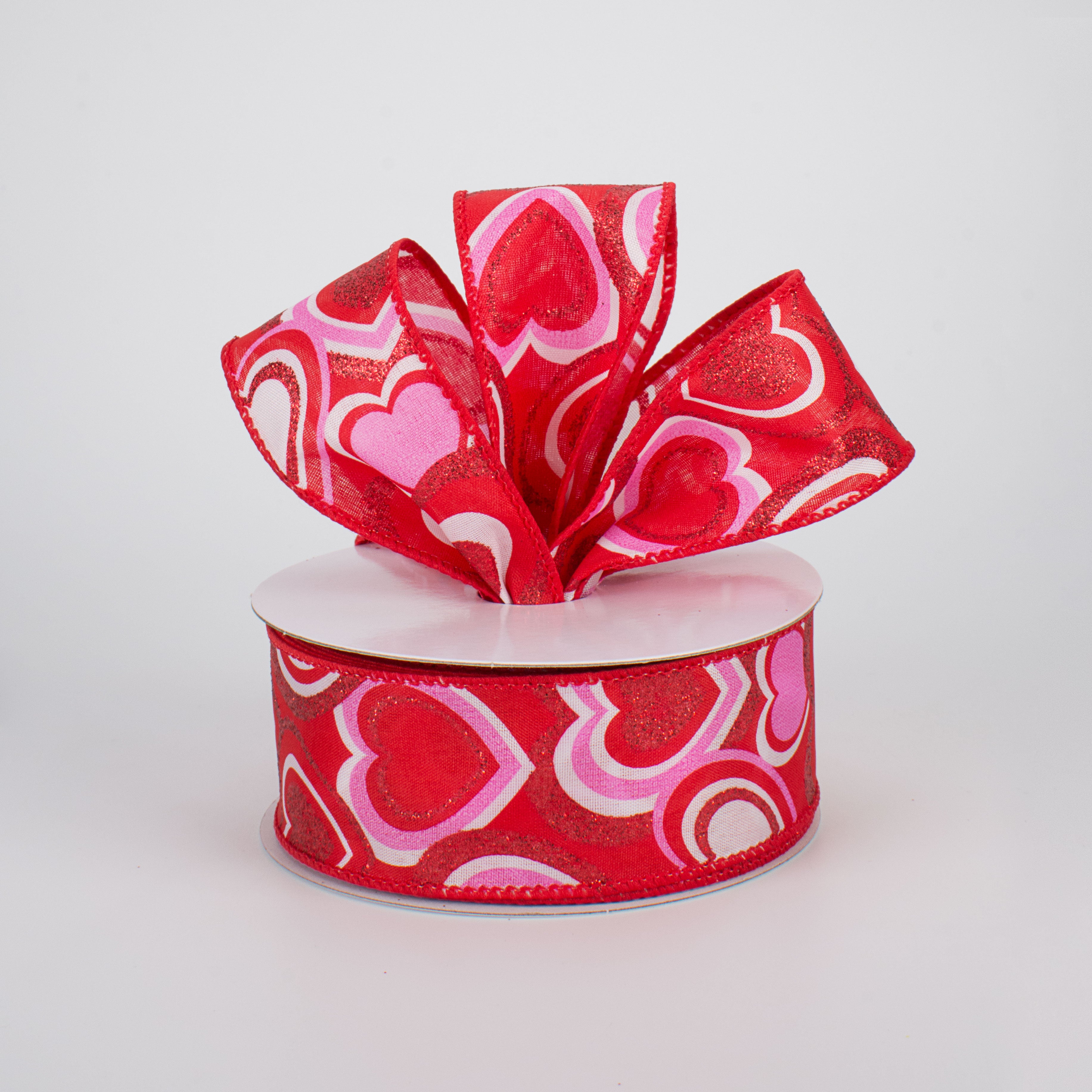 1.5 Inch Pink, Red, White Heart Ribbon (10 Yards) - Perfect for Gift Wrapping, DIY Crafts, Wedding Decorations and Party Favors