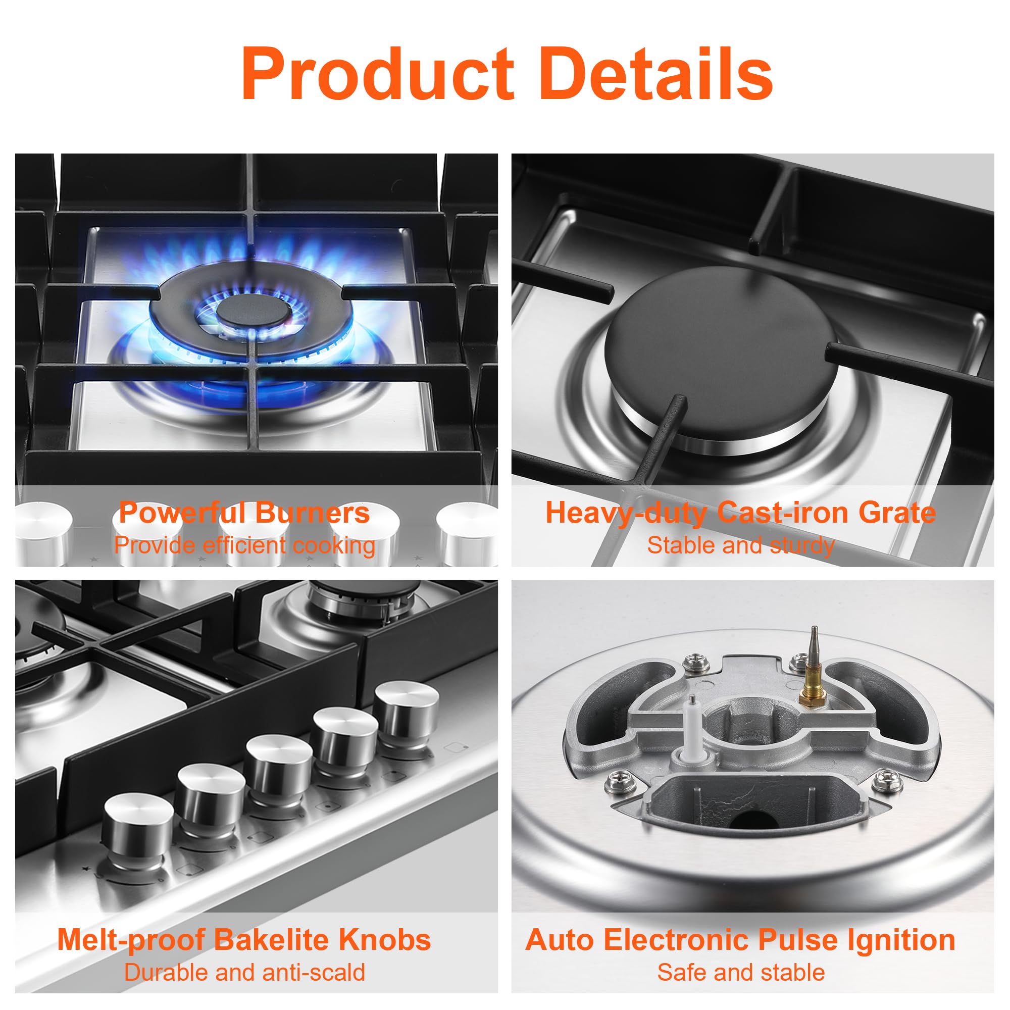 30 Inch Stainless Steel Gas Cooktop with 5 High-Efficiency Burners - Built-In NG/LPG Convertible Gas Stove for Kitchen - Thermocouple Protection - Perfect for Home Cooking, Restaurant Use & RV Kitchens