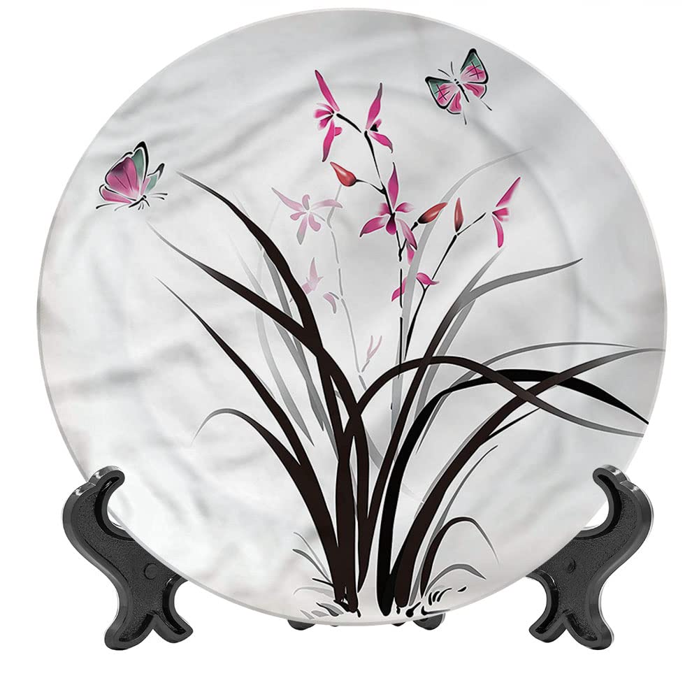7 Inch Butterfly & Orchid Decorative Ceramic Wall Plate - Chinese Nature Inspired Round Porcelain Plate, Microwave & Dishwasher Safe - Perfect for Home Decor, Kitchen Display & Wall Art