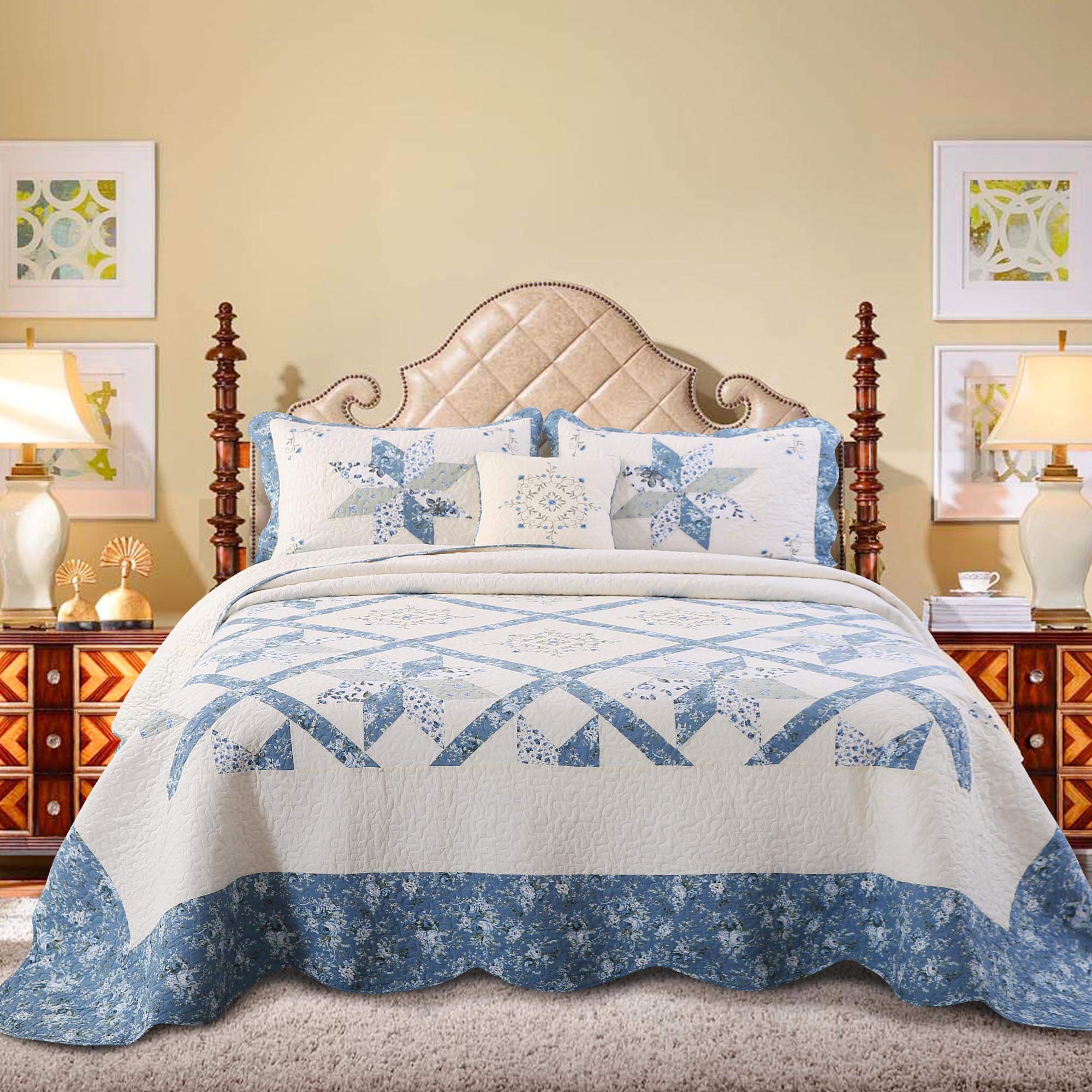 KASENTEX 100% Cotton Patchwork Embroidery Throw Pillow - 18x18 Inch Blue Decorative Cushion Cover | Machine Washable | Perfect for Sofa, Bed, Living Room & Home Decor