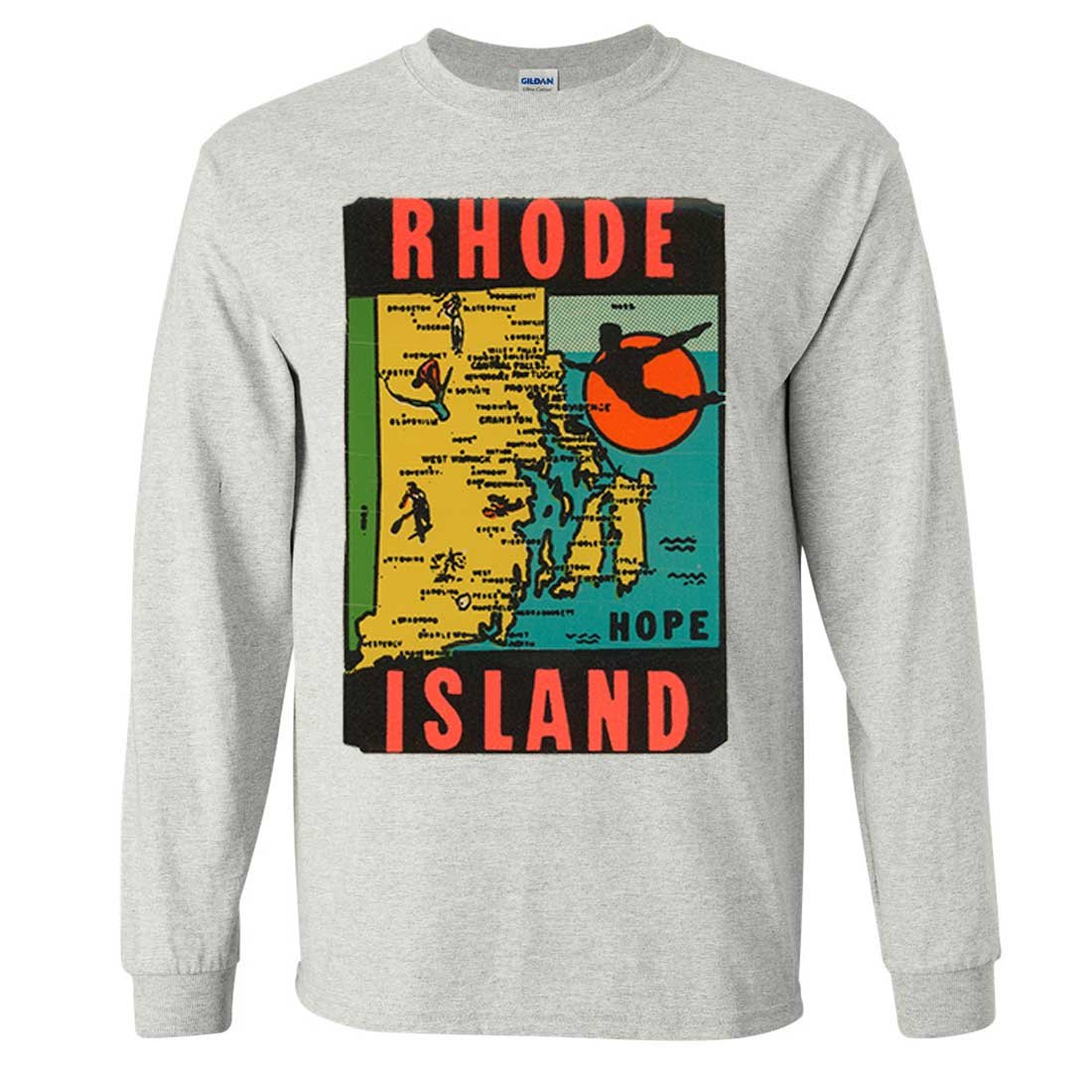 Vintage Rhode Island State Sticker Long Sleeve Shirt - Retro Graphic Tee for Men & Women - Perfect for Casual Wear, Road Trips, and State Pride Outfits