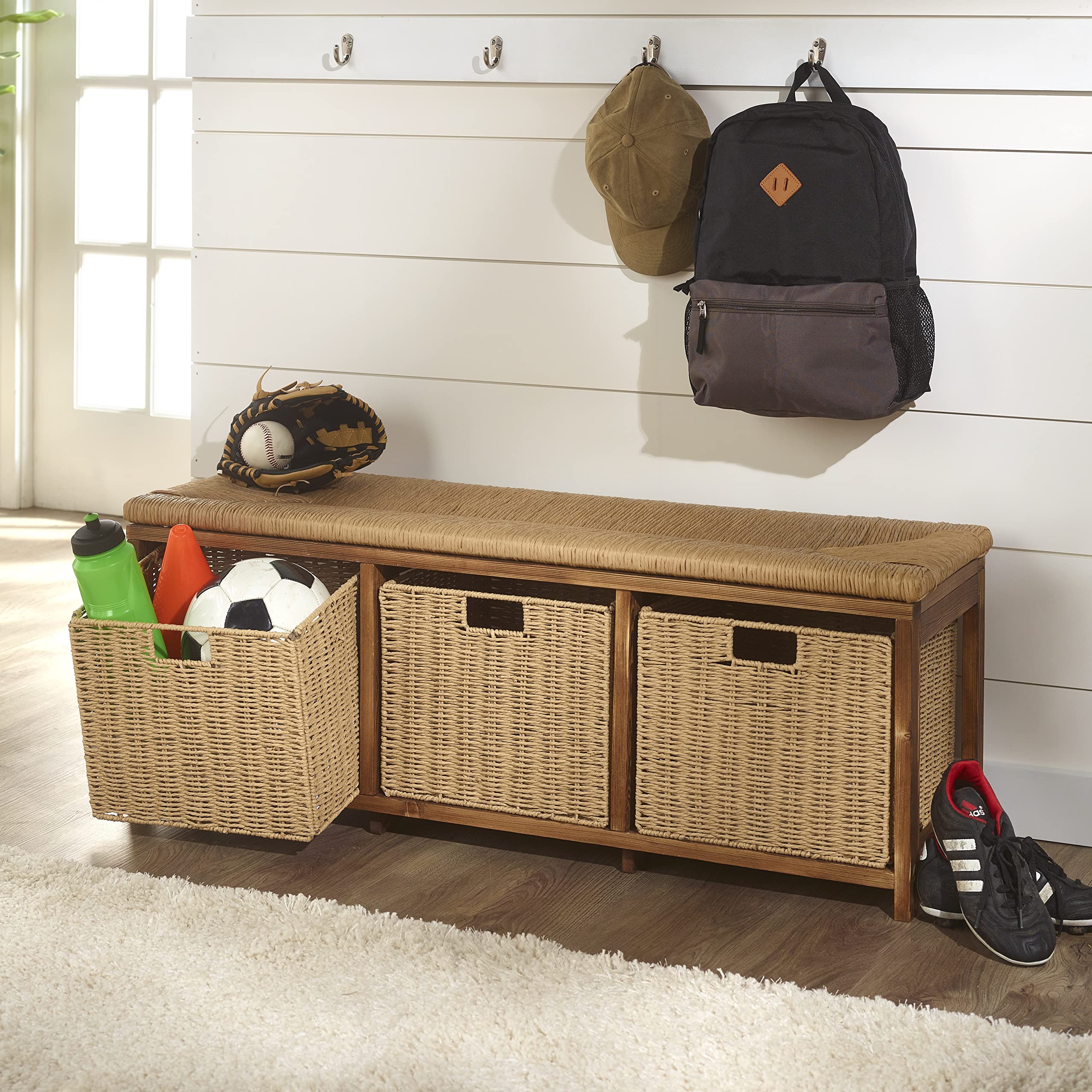 **Badger Basket Kid's Toy Storage Bench with Woven Top & 3 Collapsible Baskets - Light Brown - Perfect for Kids' Room Organization & Playroom Storage**