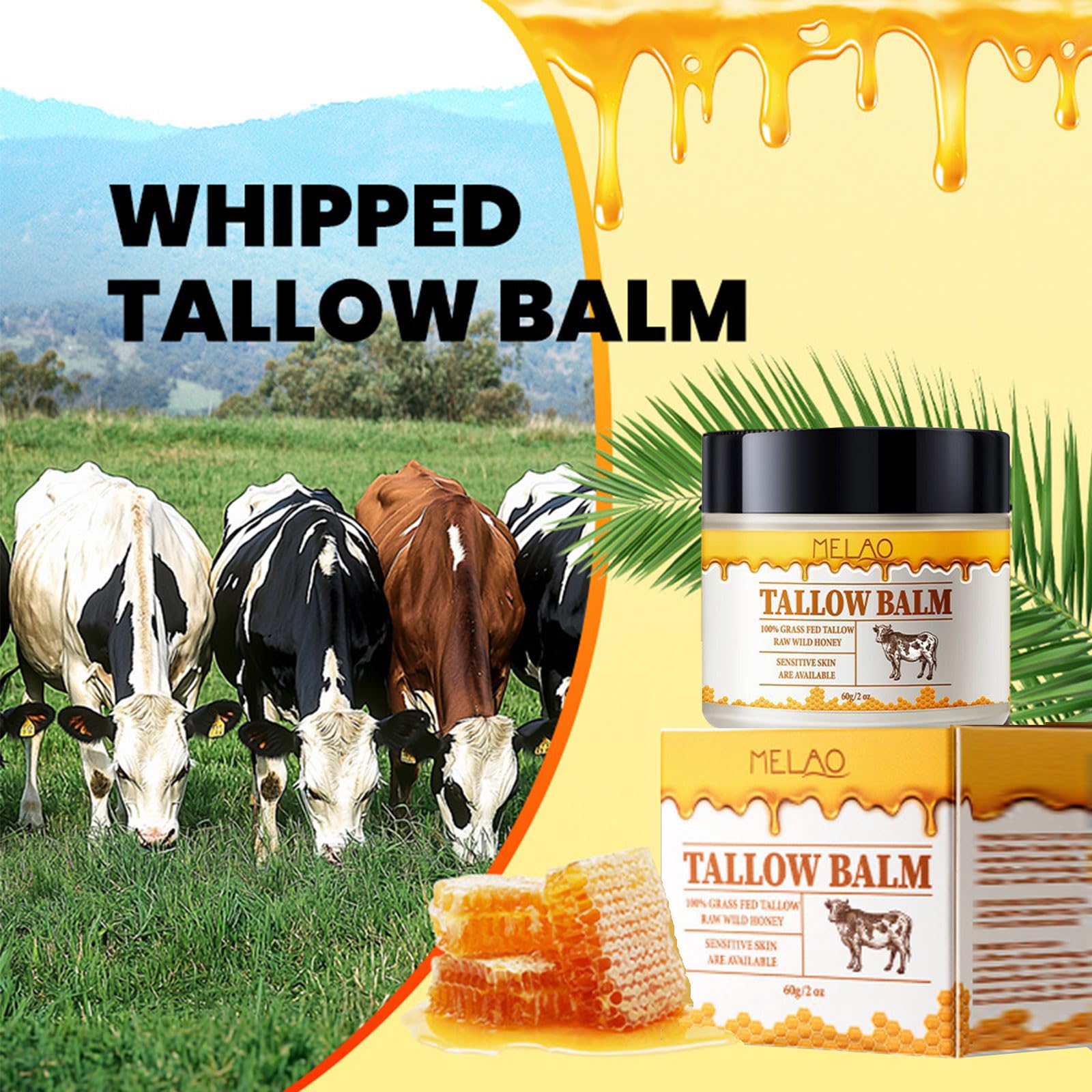 Grass-Fed Beef Tallow & Raw Wild Honey Balm - 2oz All-Natural Moisturizer for Face & Body | Hydrating Skin Care for Dry Skin, Eczema & Sensitive Skin | Perfect for Daily Use, Night Routine & Travel