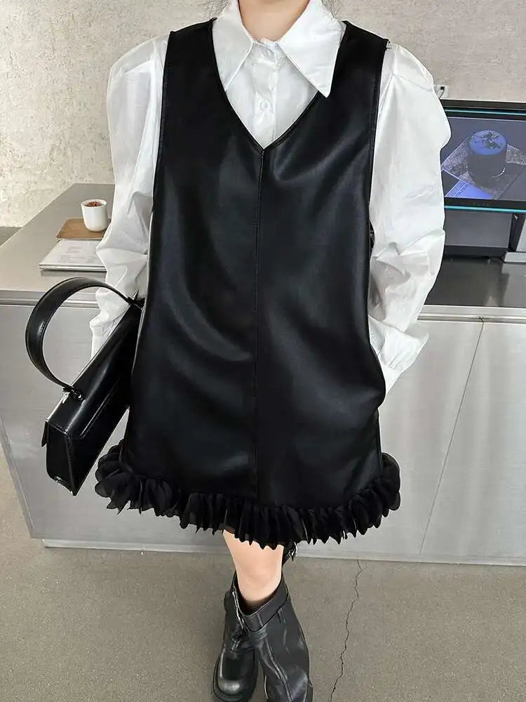 Black Leather Mesh Dress Shirt & Suit Set for Women - Fashionable Two-Piece Lapel Long Sleeve Outfit for Spring & Fall 2025 (Style 1DH9256) | Perfect for Office Wear, Evening Events & Special Occasions