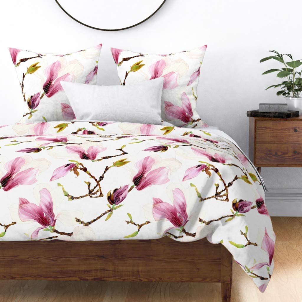 Custom Winter Pink Purple Watercolor Plant Print Cotton Sateen Duvet Cover - Full/Queen Size | Spoonflower Premium Bedding for Cozy Bedroom Decor