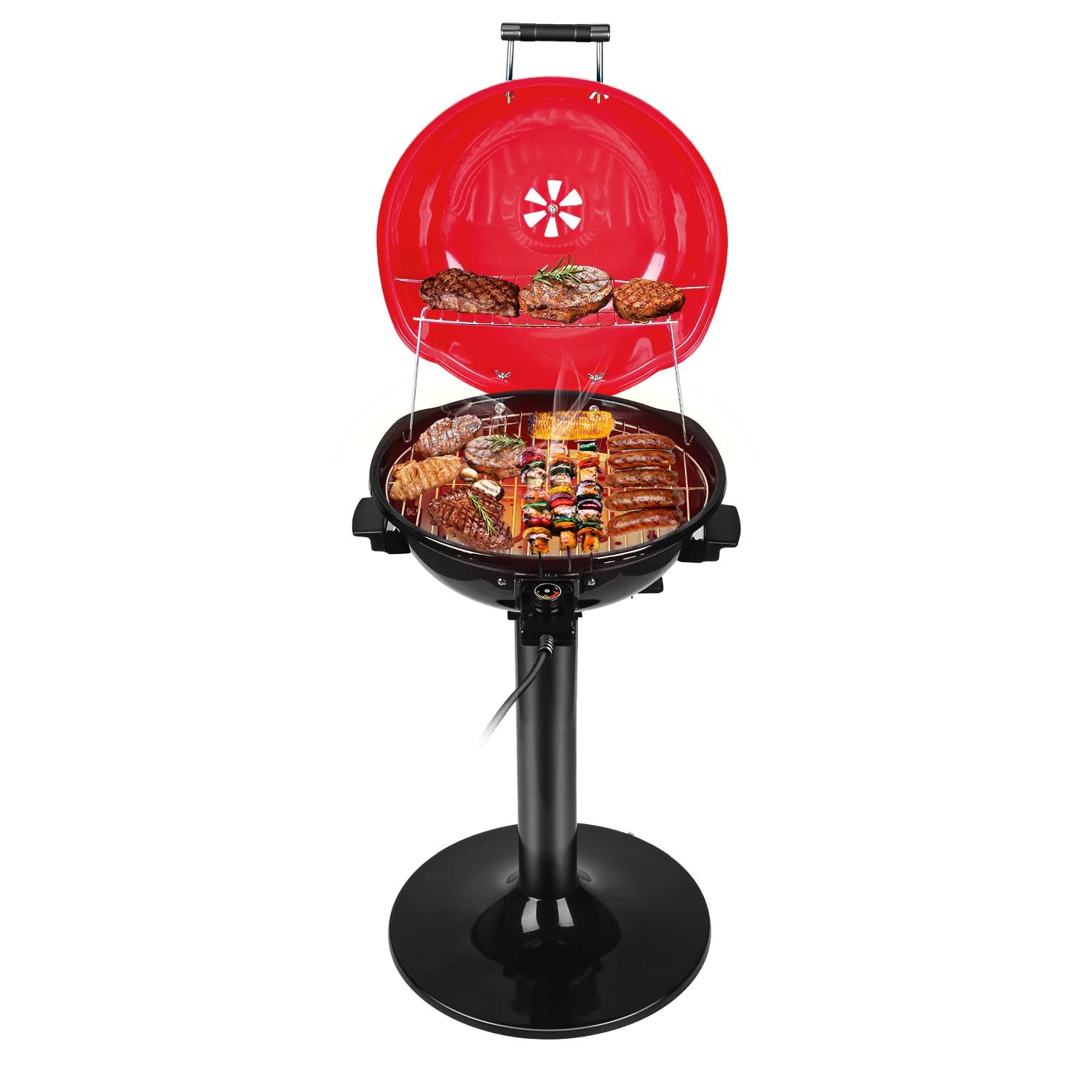 Techwood 1600W Electric BBQ Grill - 15-Serving Indoor/Outdoor Grill with Double Layer Design & Portable Stand (Red) - Perfect for Backyard Parties, Camping, and Apartment Balcony Cooking