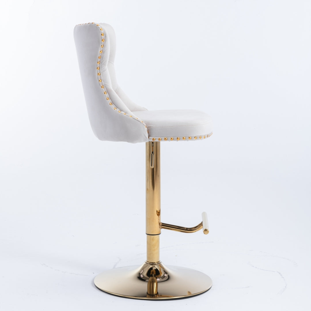 Adjustable Height Swivel Bar Stools with Footrest - Velvet Upholstered, Gold Metal Base, Beige - Perfect for Kitchen Islands, Home Bars & Breakfast Nook Seating