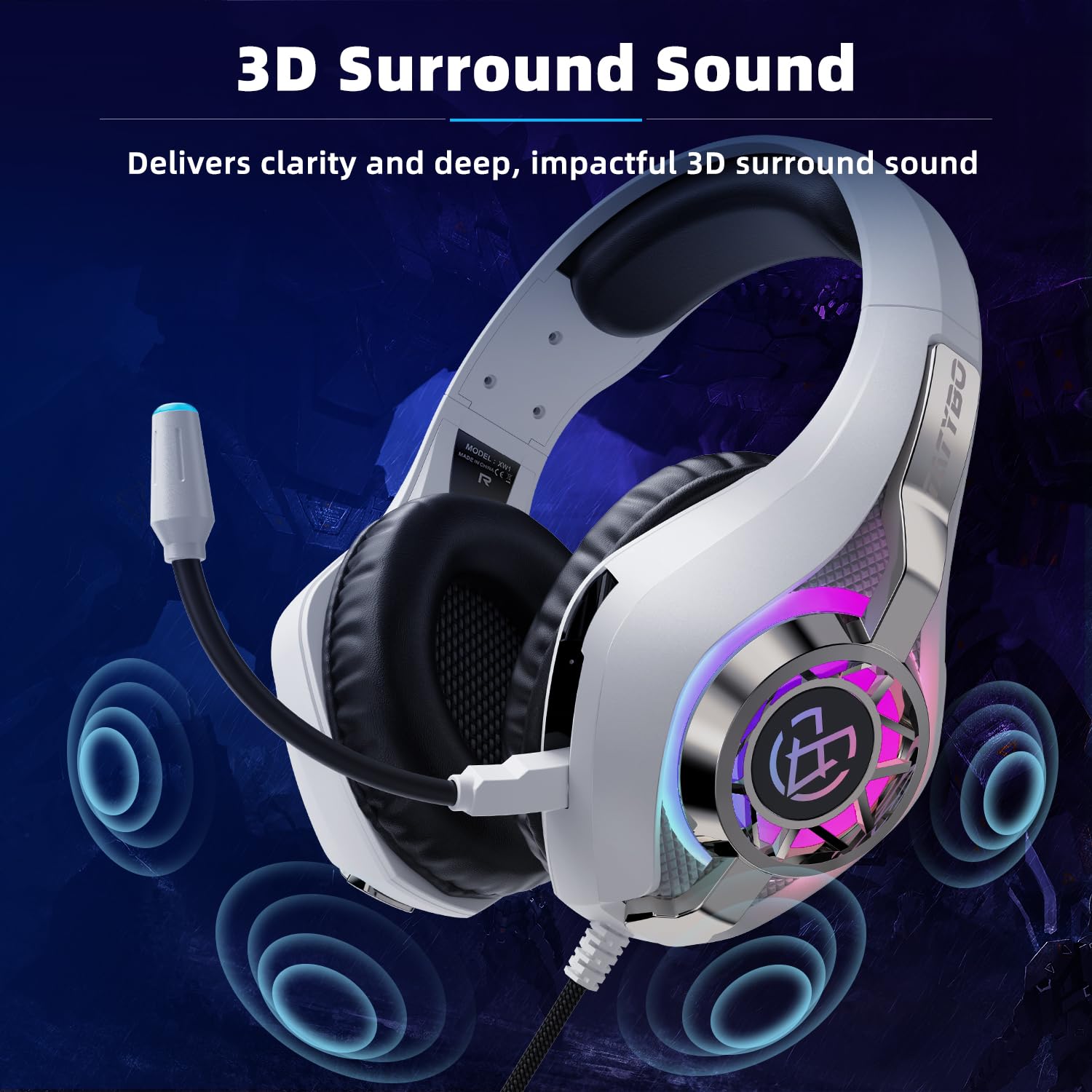 Tatybo Gaming Headset with Microphone, Surround Sound Over-Ear Headphones for PS5, PS4, Xbox One, PC, Mac, Nintendo Switch - Comfortable Large Ear Cups - Perfect for Gaming, Streaming & Online Meetings (White)