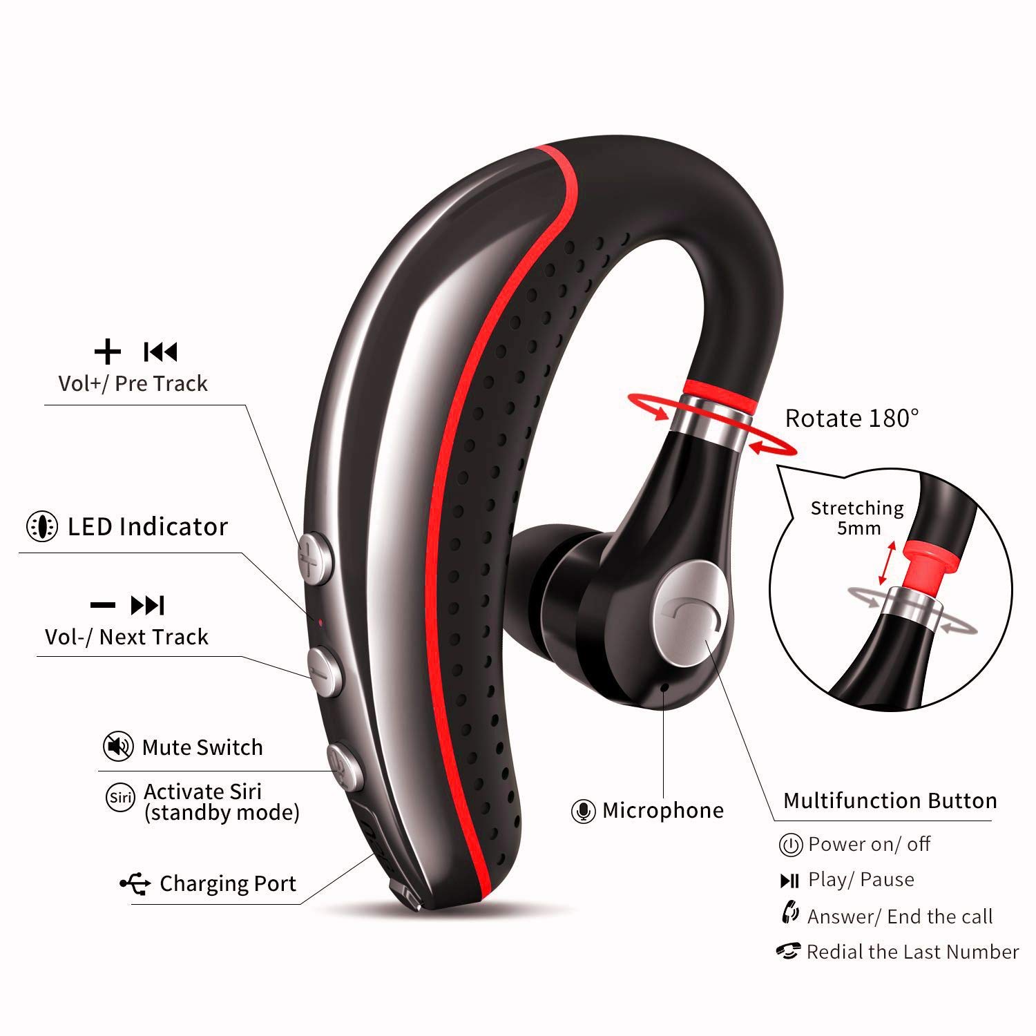 CANDEO Bluetooth 5.0 Wireless Headset with Noise Cancelling Mic - High-Fidelity Stereo Sound for iPhone, Android & Bluetooth Devices - Perfect for Business Calls, Driving & Office Use
