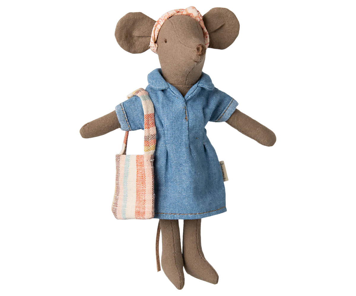 Stylish Denim Dress and Matching Bag Set - Mum Mouse Maileg Collection | Perfect for Kids' Playtime, Dress-Up, and Gift-Giving