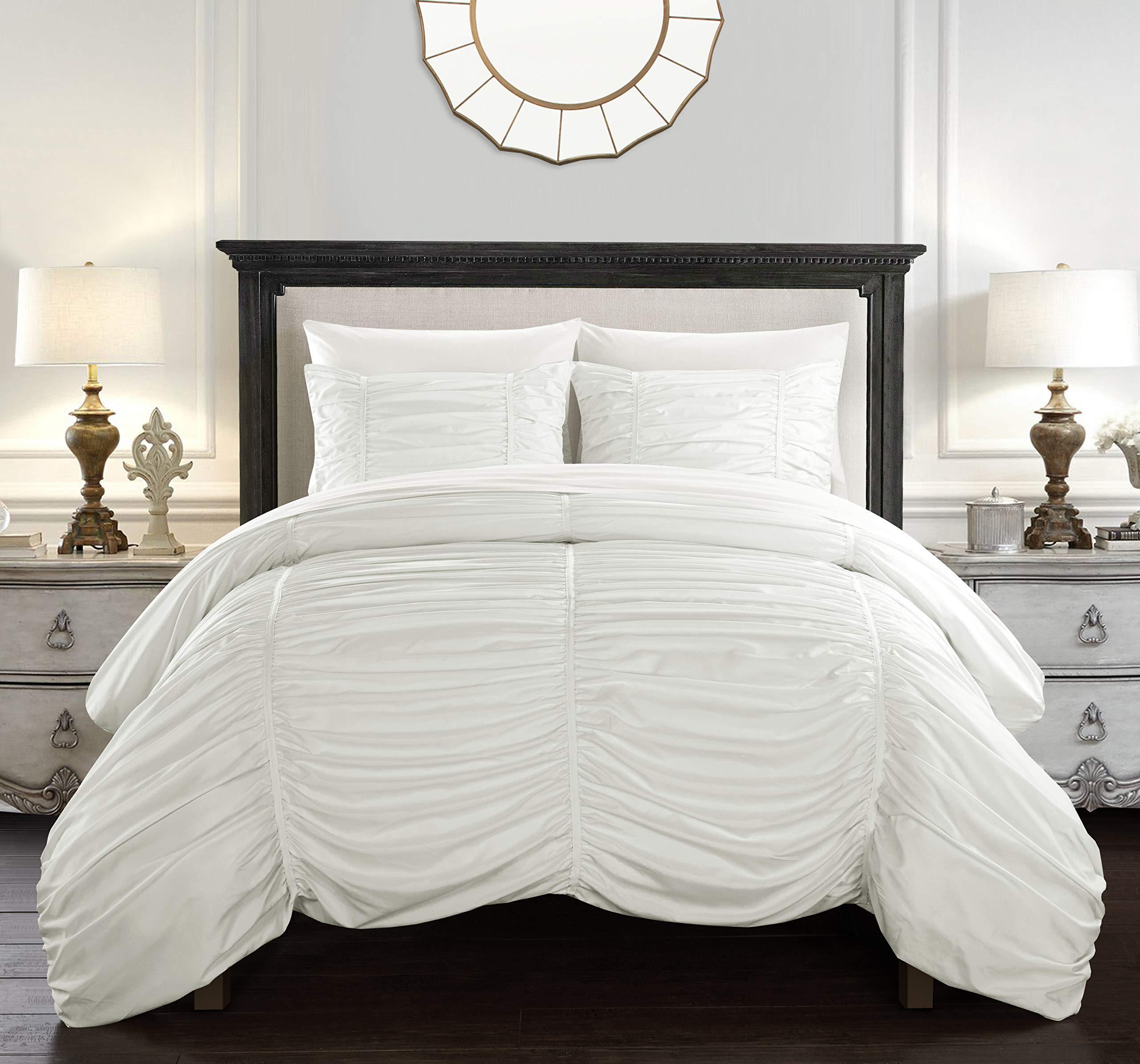 Kaiah Comforter Set - Contemporary Striped Ruched Ruffled Design Bedding with Decorative Pillow Shams, Queen Size, White | Perfect for Modern Bedrooms & Guest Room Decor