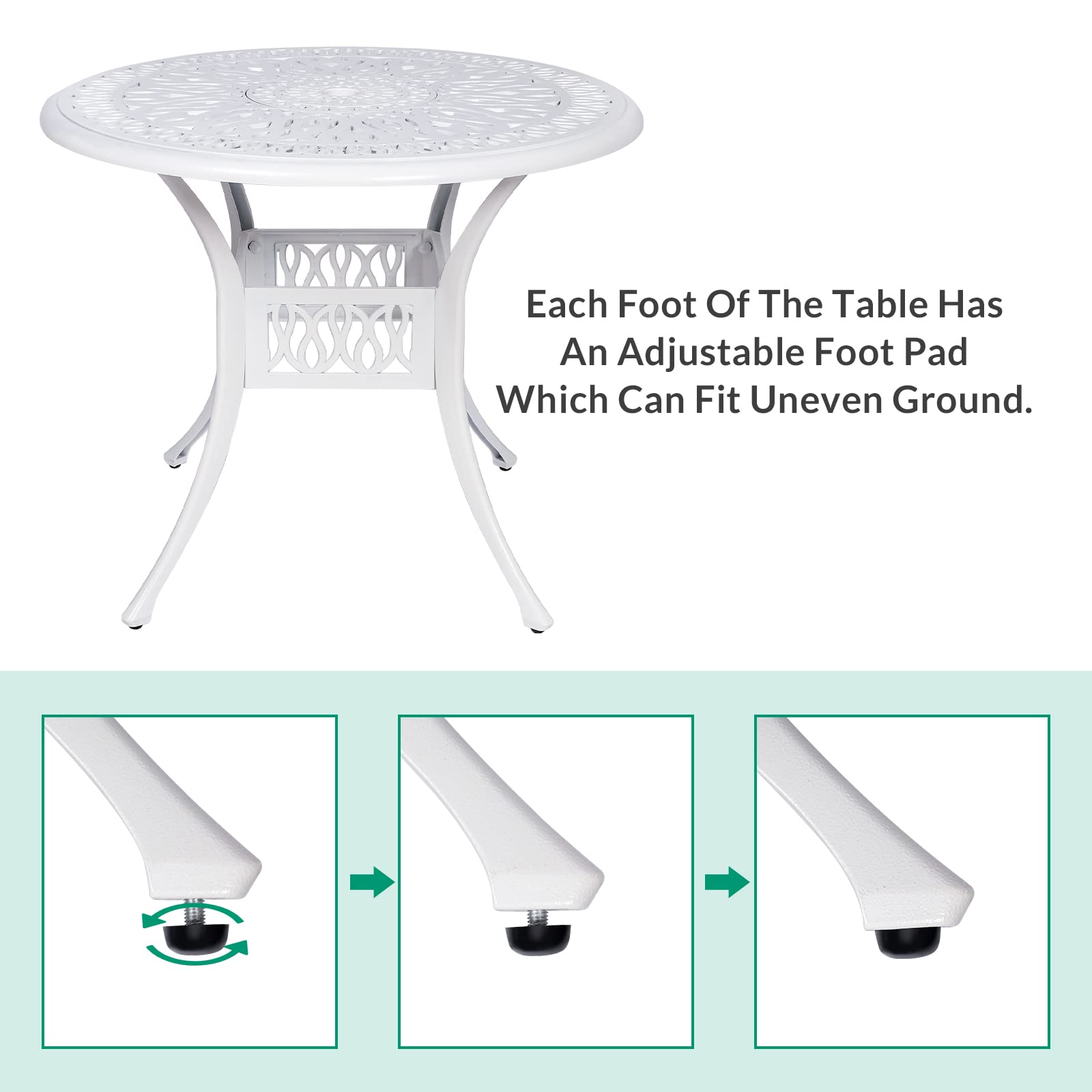 VIVIJASON 35.4 Inch Round Outdoor Patio Dining Table - White Rustic Cast Aluminum with Umbrella Hole - Perfect for Backyard, Garden, Poolside & Outdoor Entertaining