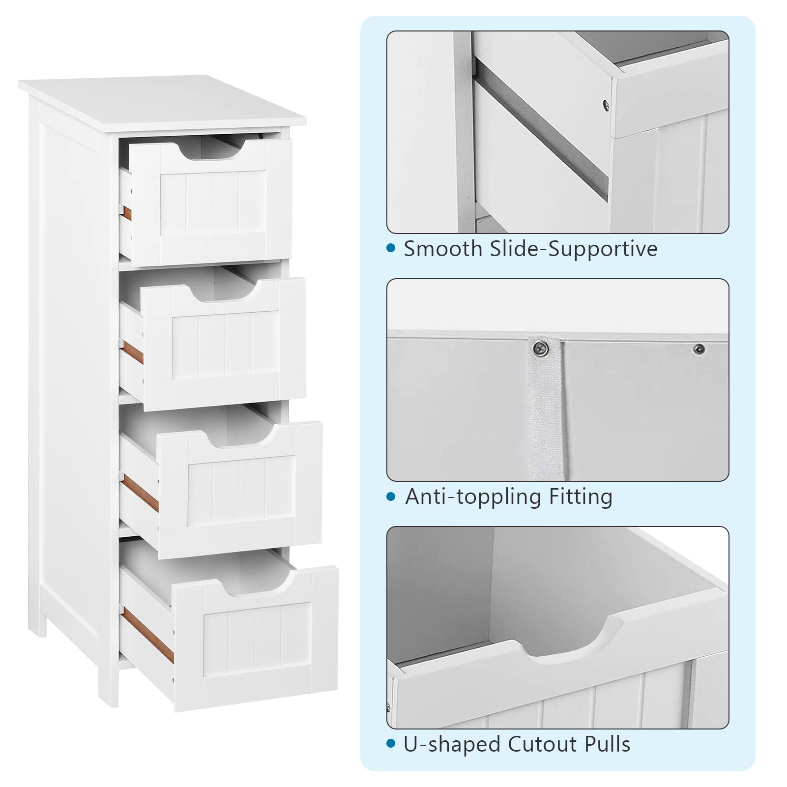 White Bathroom Floor Cabinet with 4 Drawers - Wooden Storage Organizer for Bathroom, Living Room, Bedroom & Hallway - Perfect for Small Space Organization & Home Decor