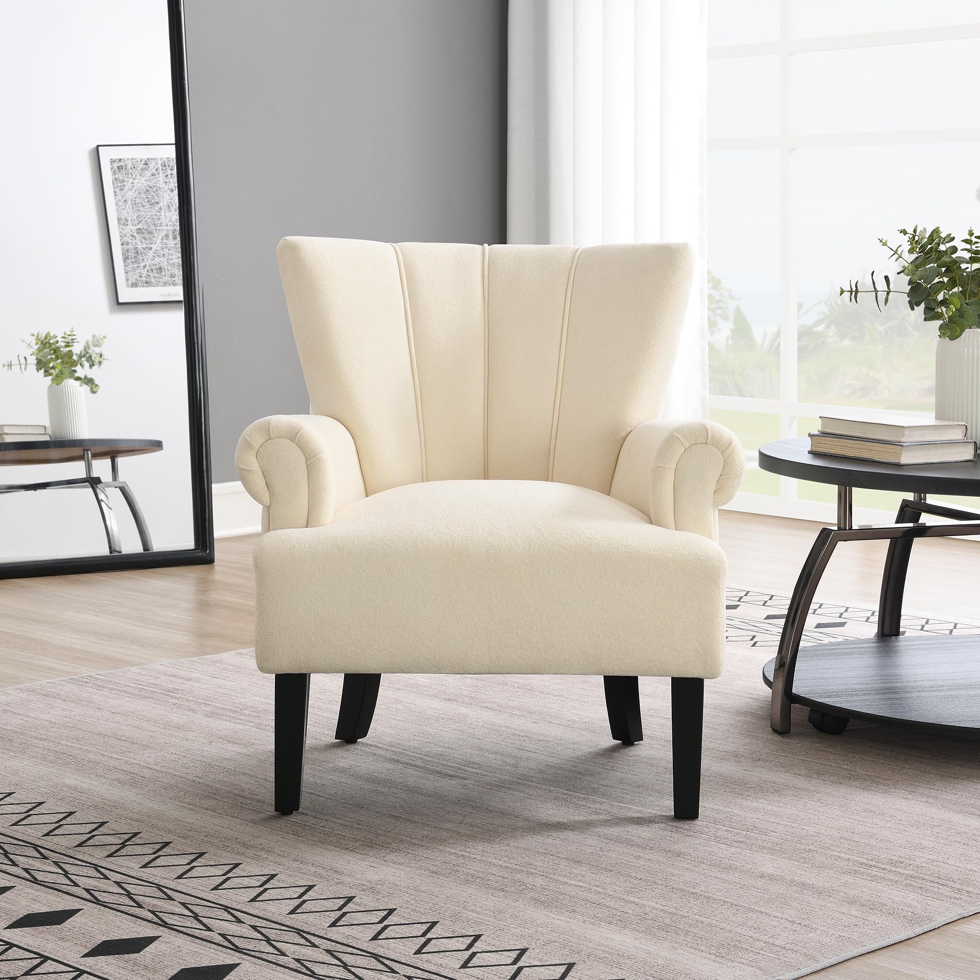 Modern Channel Tufted Accent Chair with Rolling Arms - High Back Upholstered Club Armchair with Solid Wood Legs - Comfortable Living Room & Bedroom Furniture - Perfect for Reading Nook, Home Office or Lounge Area - Beige